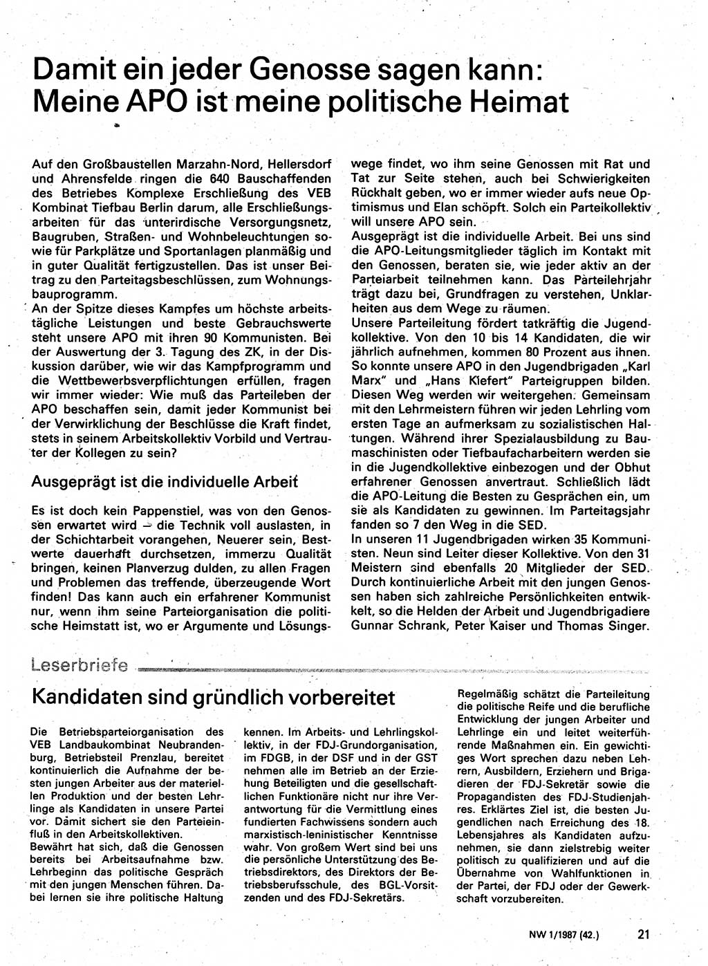 Neuer Weg (NW), Organ des Zentralkomitees (ZK) der SED (Sozialistische Einheitspartei Deutschlands) für Fragen des Parteilebens, 42. Jahrgang [Deutsche Demokratische Republik (DDR)] 1987, Seite 21 (NW ZK SED DDR 1987, S. 21)