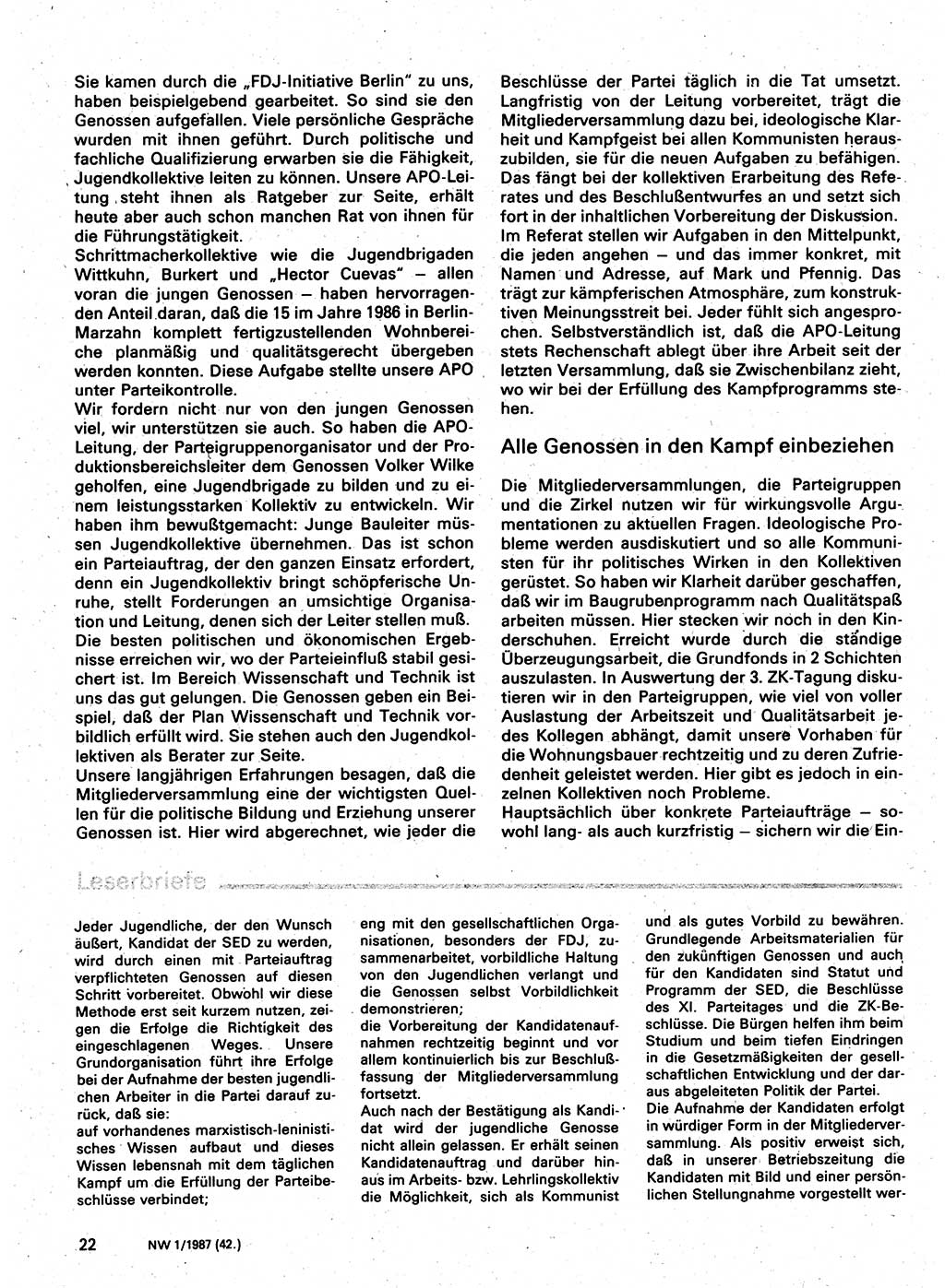 Neuer Weg (NW), Organ des Zentralkomitees (ZK) der SED (Sozialistische Einheitspartei Deutschlands) für Fragen des Parteilebens, 42. Jahrgang [Deutsche Demokratische Republik (DDR)] 1987, Seite 22 (NW ZK SED DDR 1987, S. 22)