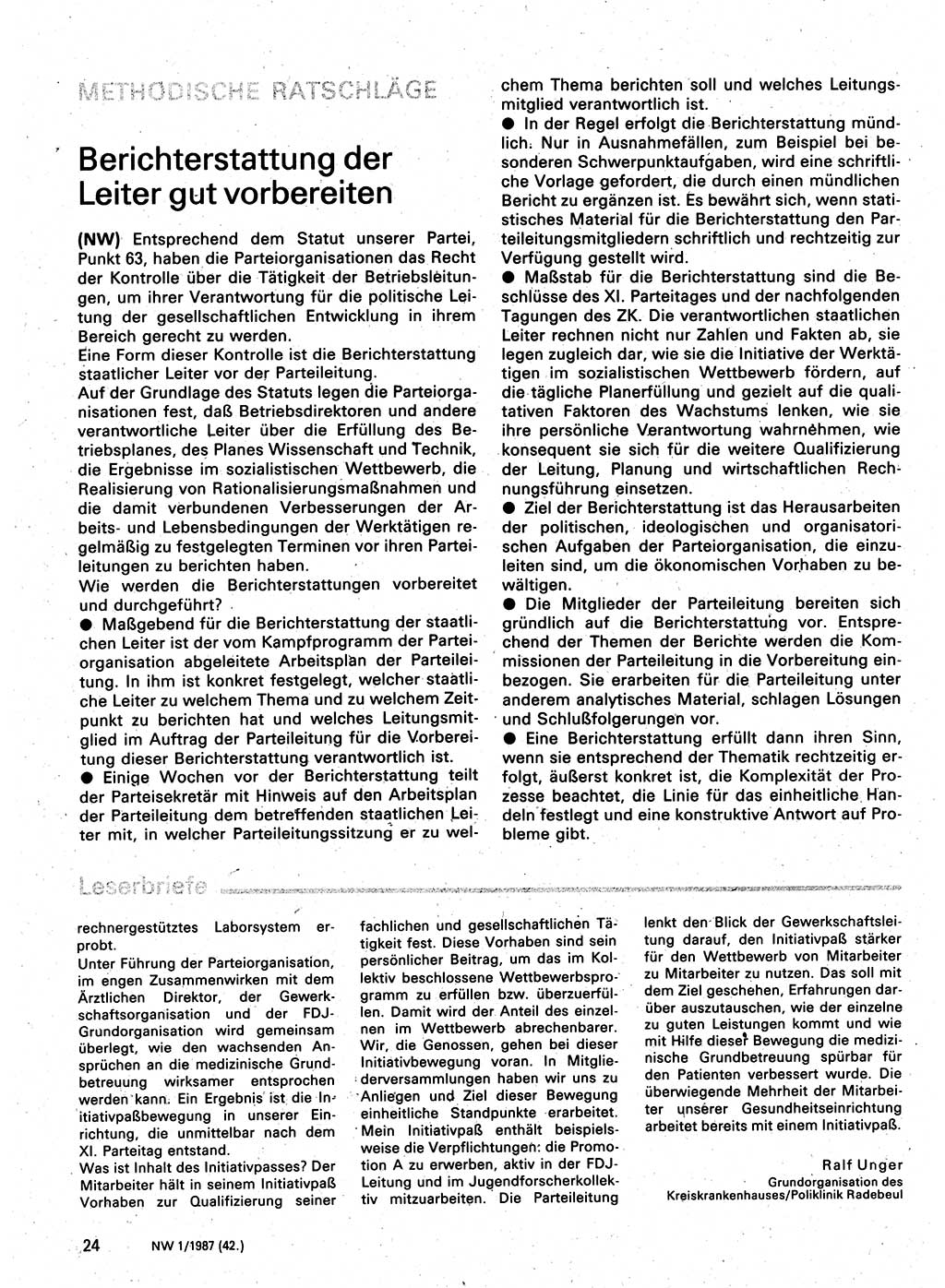 Neuer Weg (NW), Organ des Zentralkomitees (ZK) der SED (Sozialistische Einheitspartei Deutschlands) für Fragen des Parteilebens, 42. Jahrgang [Deutsche Demokratische Republik (DDR)] 1987, Seite 24 (NW ZK SED DDR 1987, S. 24)