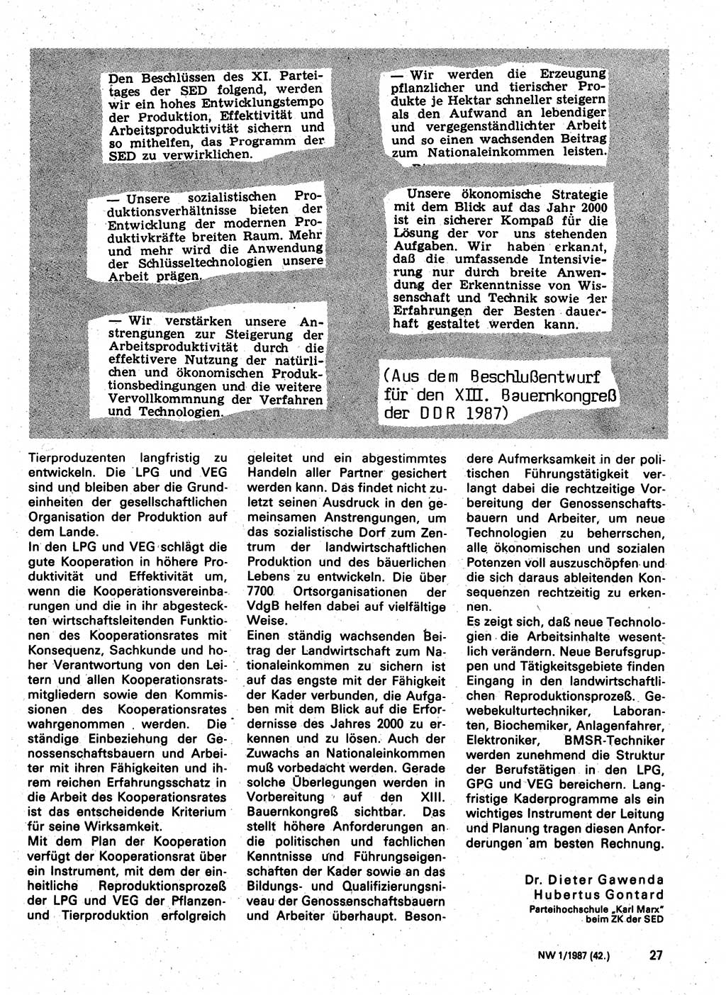 Neuer Weg (NW), Organ des Zentralkomitees (ZK) der SED (Sozialistische Einheitspartei Deutschlands) für Fragen des Parteilebens, 42. Jahrgang [Deutsche Demokratische Republik (DDR)] 1987, Seite 27 (NW ZK SED DDR 1987, S. 27)