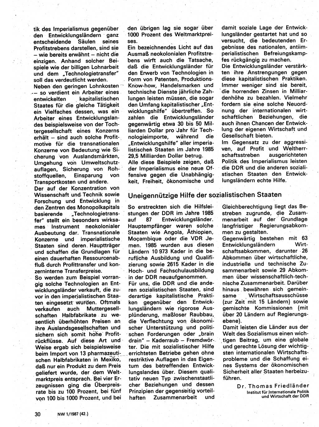 Neuer Weg (NW), Organ des Zentralkomitees (ZK) der SED (Sozialistische Einheitspartei Deutschlands) für Fragen des Parteilebens, 42. Jahrgang [Deutsche Demokratische Republik (DDR)] 1987, Seite 30 (NW ZK SED DDR 1987, S. 30)