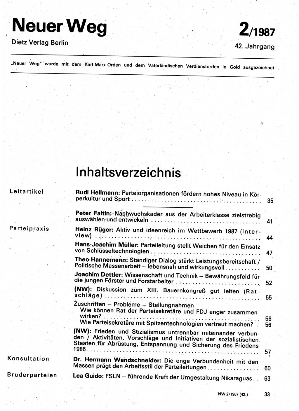 Neuer Weg (NW), Organ des Zentralkomitees (ZK) der SED (Sozialistische Einheitspartei Deutschlands) für Fragen des Parteilebens, 42. Jahrgang [Deutsche Demokratische Republik (DDR)] 1987, Seite 33 (NW ZK SED DDR 1987, S. 33)