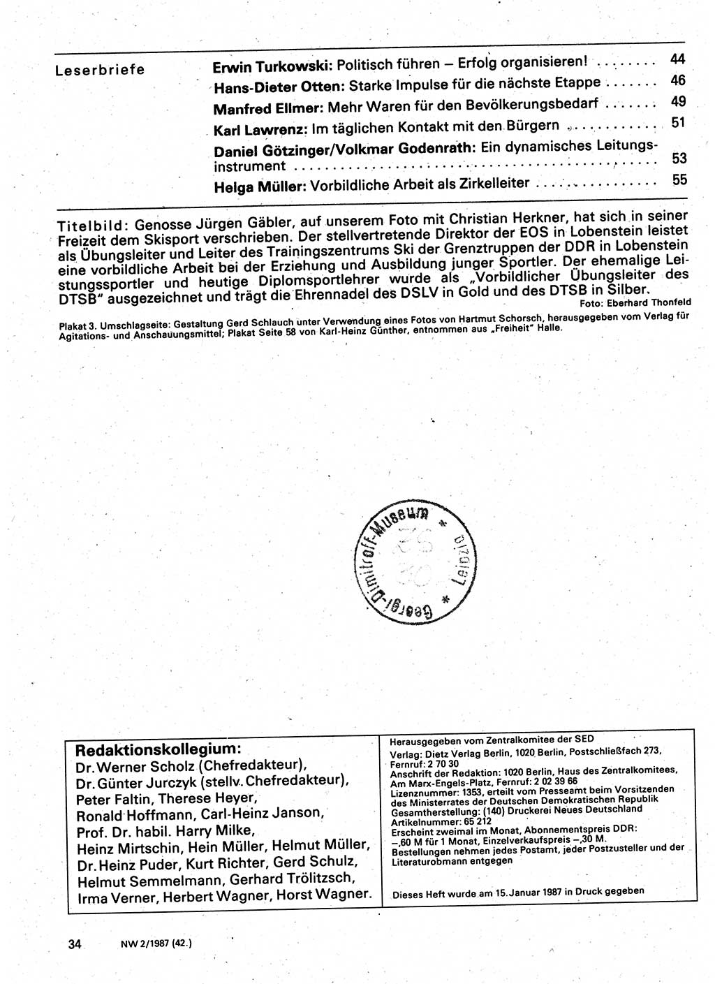 Neuer Weg (NW), Organ des Zentralkomitees (ZK) der SED (Sozialistische Einheitspartei Deutschlands) für Fragen des Parteilebens, 42. Jahrgang [Deutsche Demokratische Republik (DDR)] 1987, Seite 34 (NW ZK SED DDR 1987, S. 34)