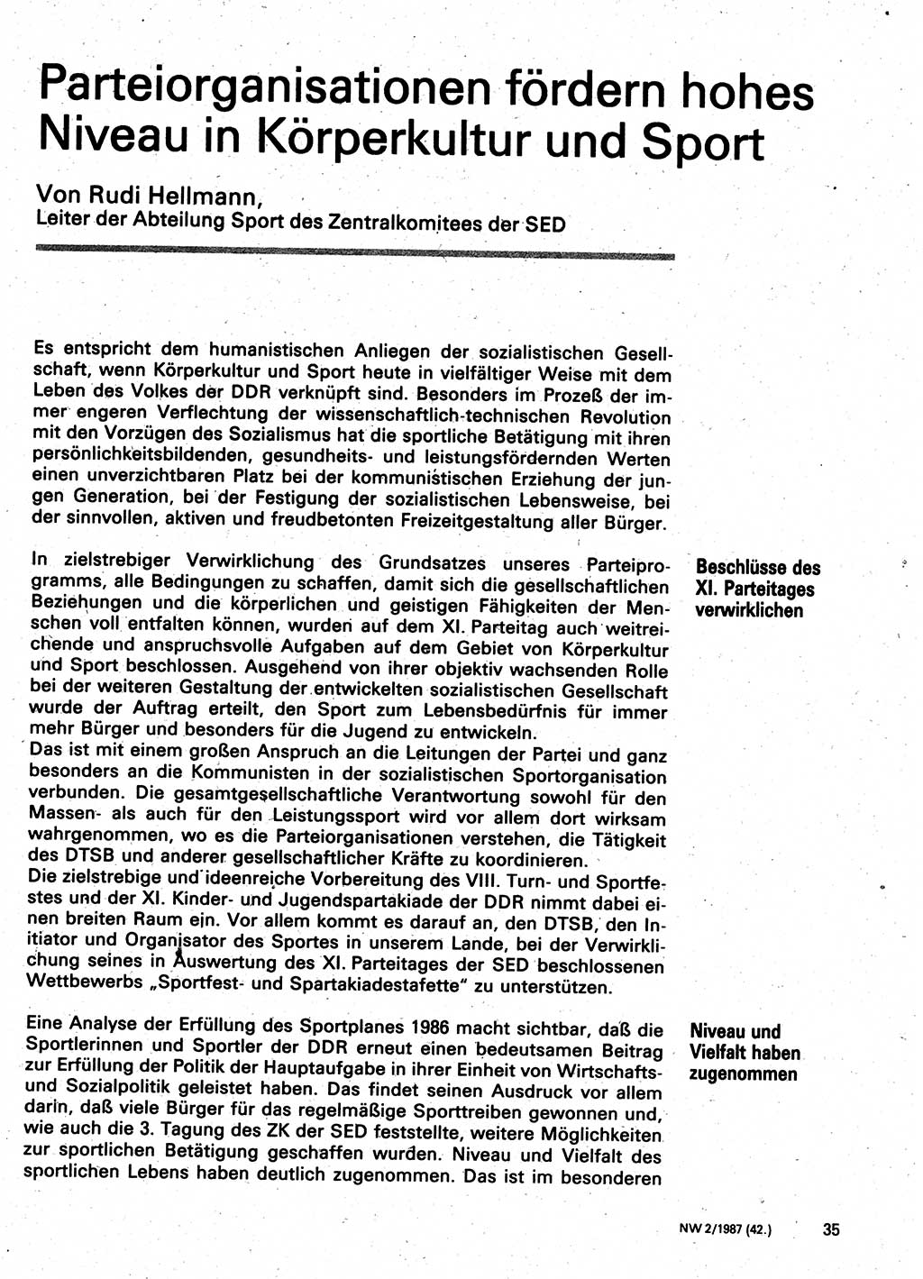 Neuer Weg (NW), Organ des Zentralkomitees (ZK) der SED (Sozialistische Einheitspartei Deutschlands) für Fragen des Parteilebens, 42. Jahrgang [Deutsche Demokratische Republik (DDR)] 1987, Seite 35 (NW ZK SED DDR 1987, S. 35)