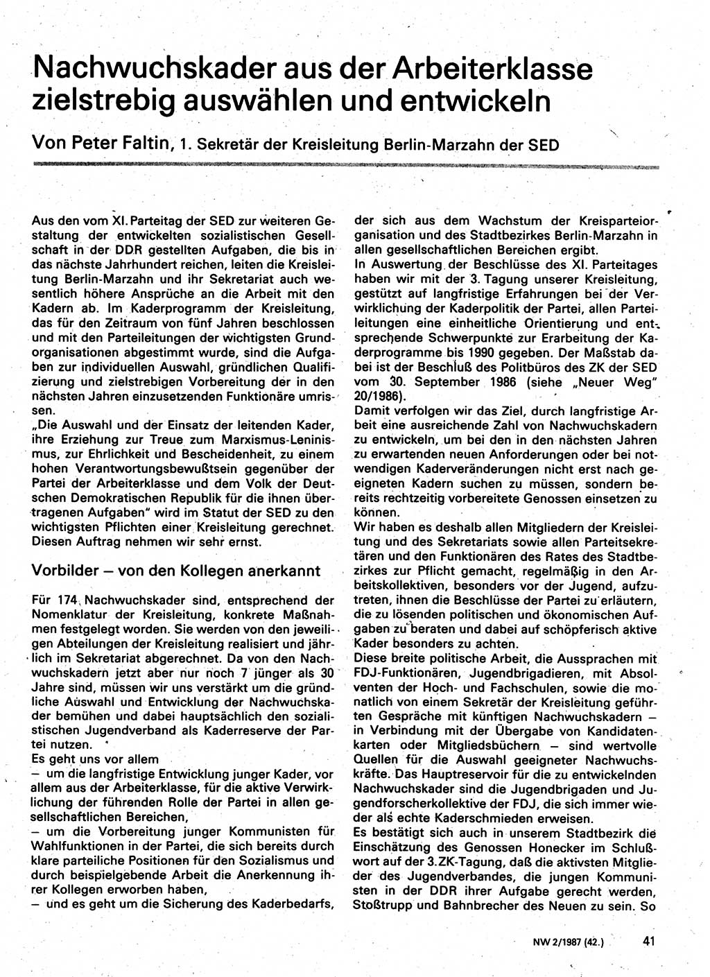 Neuer Weg (NW), Organ des Zentralkomitees (ZK) der SED (Sozialistische Einheitspartei Deutschlands) für Fragen des Parteilebens, 42. Jahrgang [Deutsche Demokratische Republik (DDR)] 1987, Seite 41 (NW ZK SED DDR 1987, S. 41)