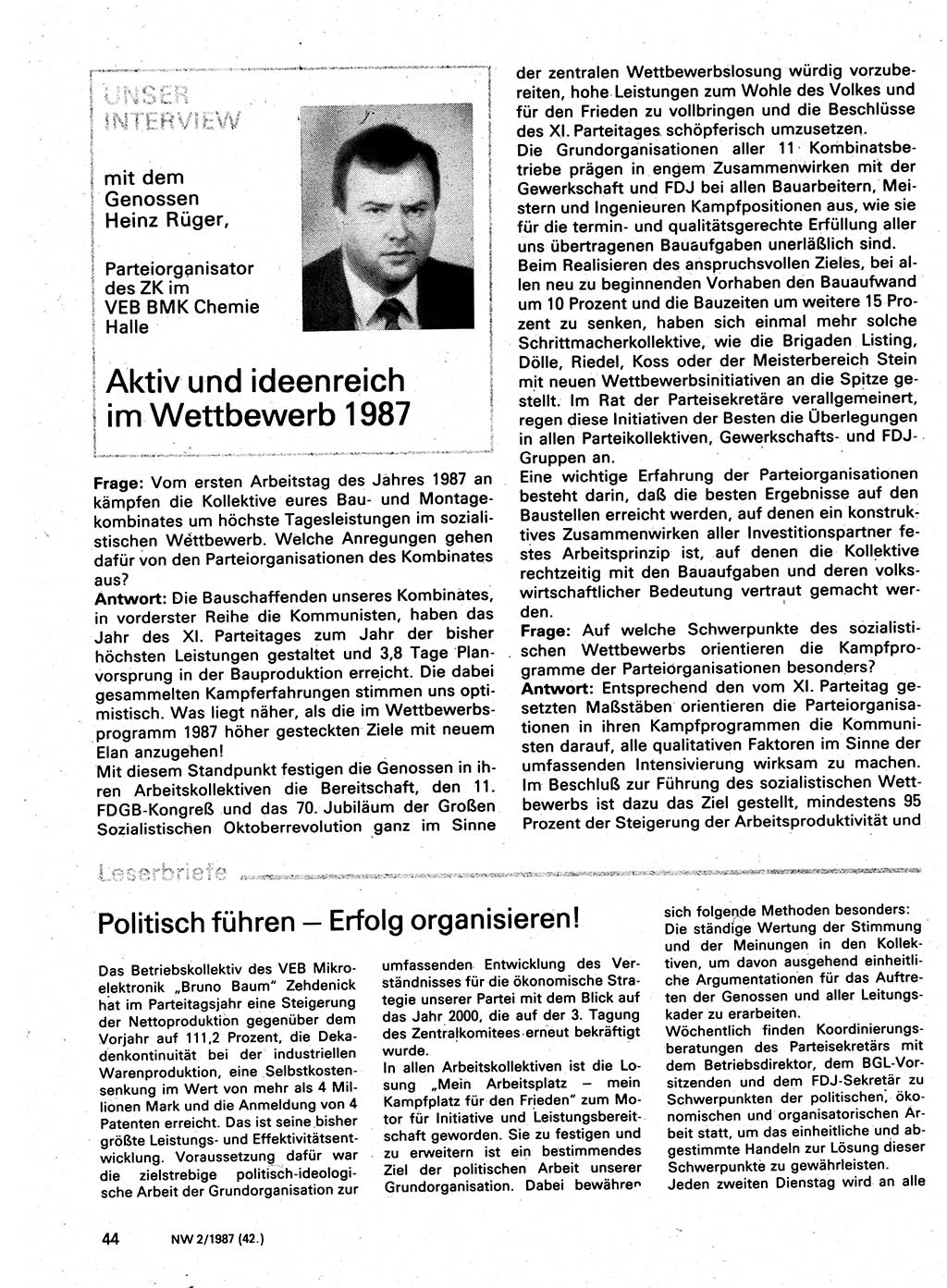 Neuer Weg (NW), Organ des Zentralkomitees (ZK) der SED (Sozialistische Einheitspartei Deutschlands) für Fragen des Parteilebens, 42. Jahrgang [Deutsche Demokratische Republik (DDR)] 1987, Seite 44 (NW ZK SED DDR 1987, S. 44)