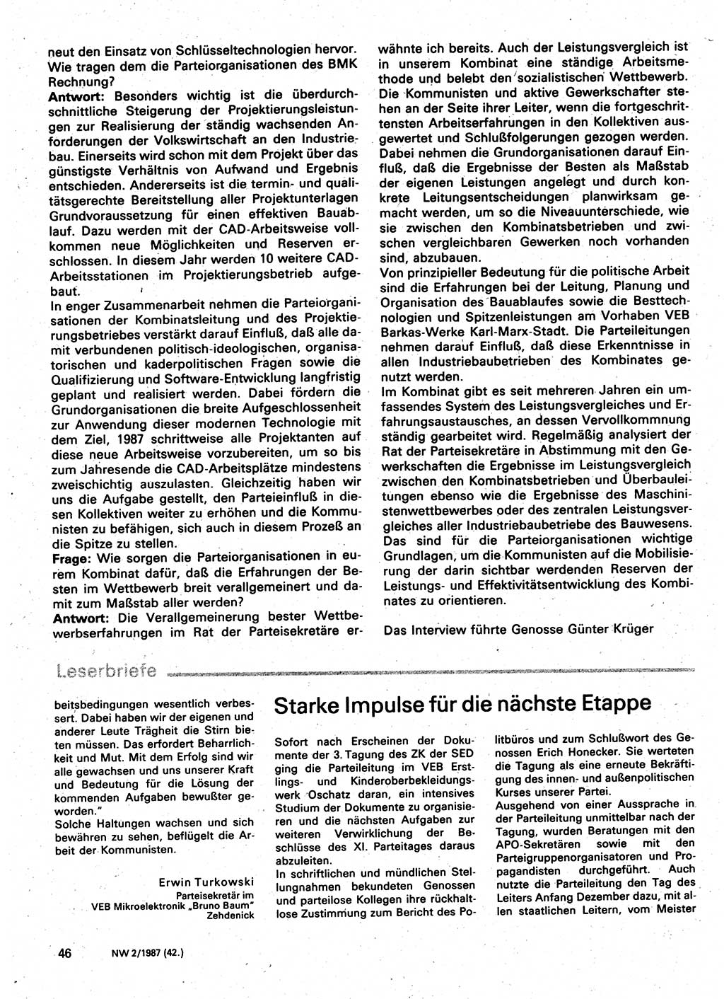 Neuer Weg (NW), Organ des Zentralkomitees (ZK) der SED (Sozialistische Einheitspartei Deutschlands) für Fragen des Parteilebens, 42. Jahrgang [Deutsche Demokratische Republik (DDR)] 1987, Seite 46 (NW ZK SED DDR 1987, S. 46)