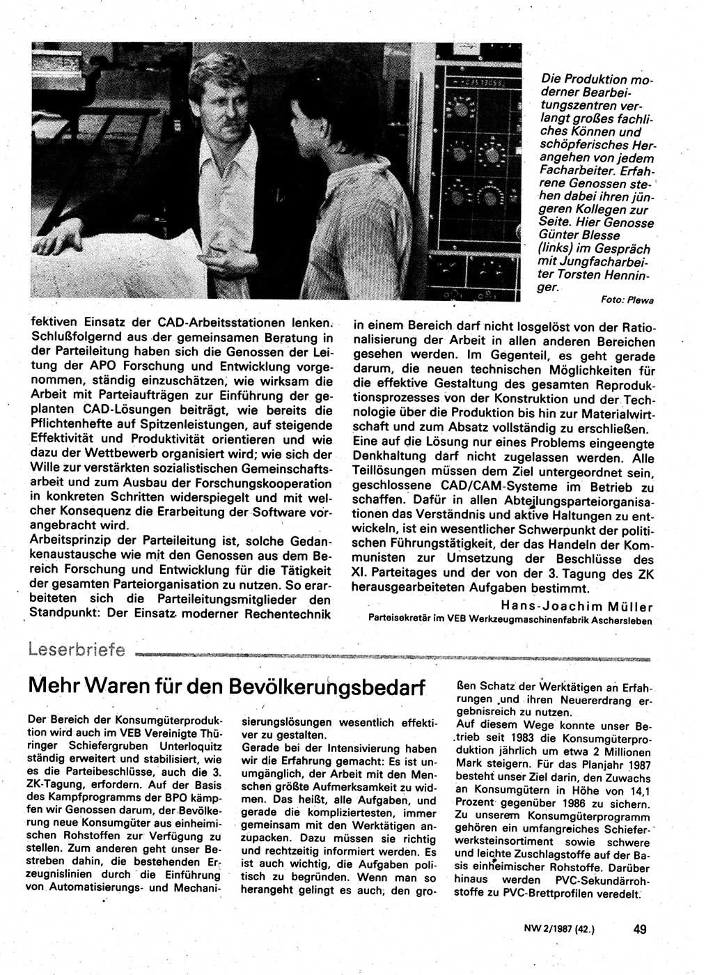 Neuer Weg (NW), Organ des Zentralkomitees (ZK) der SED (Sozialistische Einheitspartei Deutschlands) für Fragen des Parteilebens, 42. Jahrgang [Deutsche Demokratische Republik (DDR)] 1987, Seite 49 (NW ZK SED DDR 1987, S. 49)