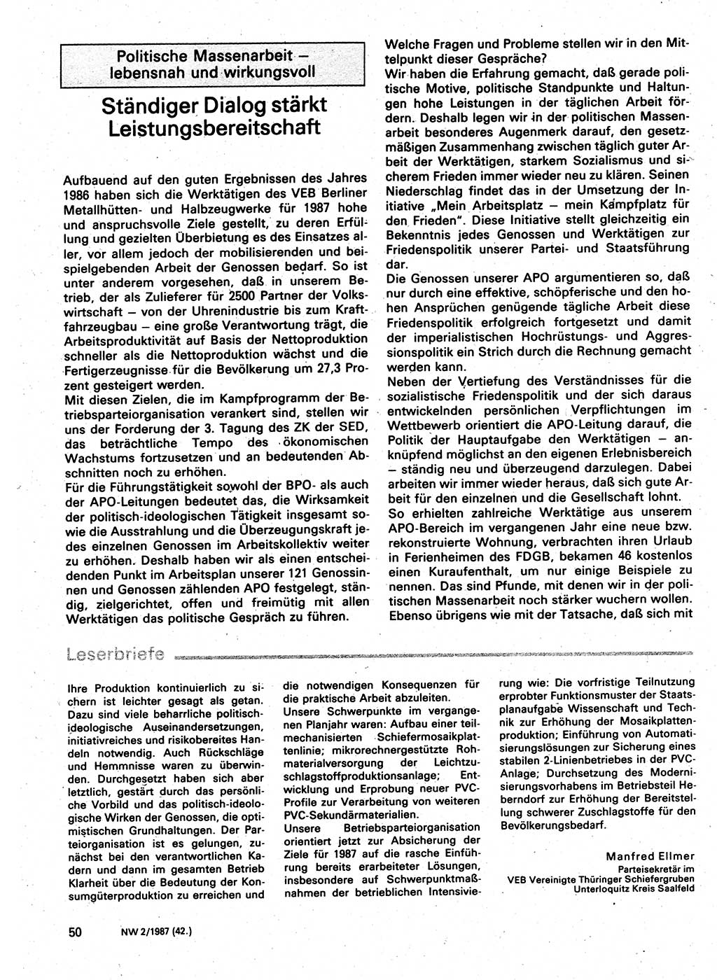 Neuer Weg (NW), Organ des Zentralkomitees (ZK) der SED (Sozialistische Einheitspartei Deutschlands) für Fragen des Parteilebens, 42. Jahrgang [Deutsche Demokratische Republik (DDR)] 1987, Seite 50 (NW ZK SED DDR 1987, S. 50)