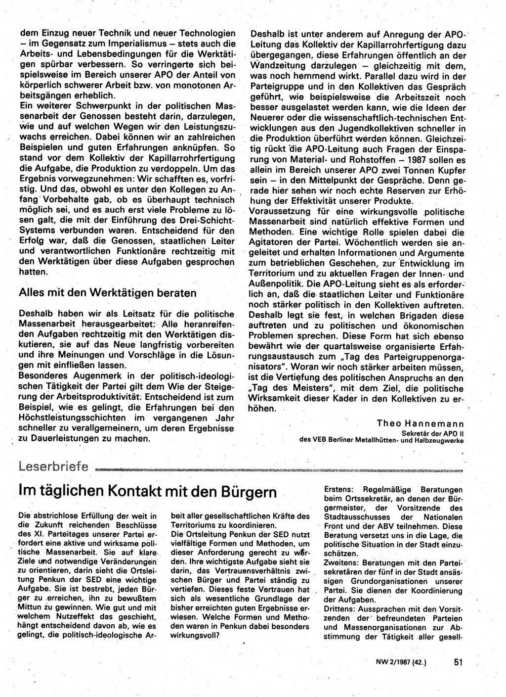 Neuer Weg (NW), Organ des Zentralkomitees (ZK) der SED (Sozialistische Einheitspartei Deutschlands) für Fragen des Parteilebens, 42. Jahrgang [Deutsche Demokratische Republik (DDR)] 1987, Seite 51 (NW ZK SED DDR 1987, S. 51)