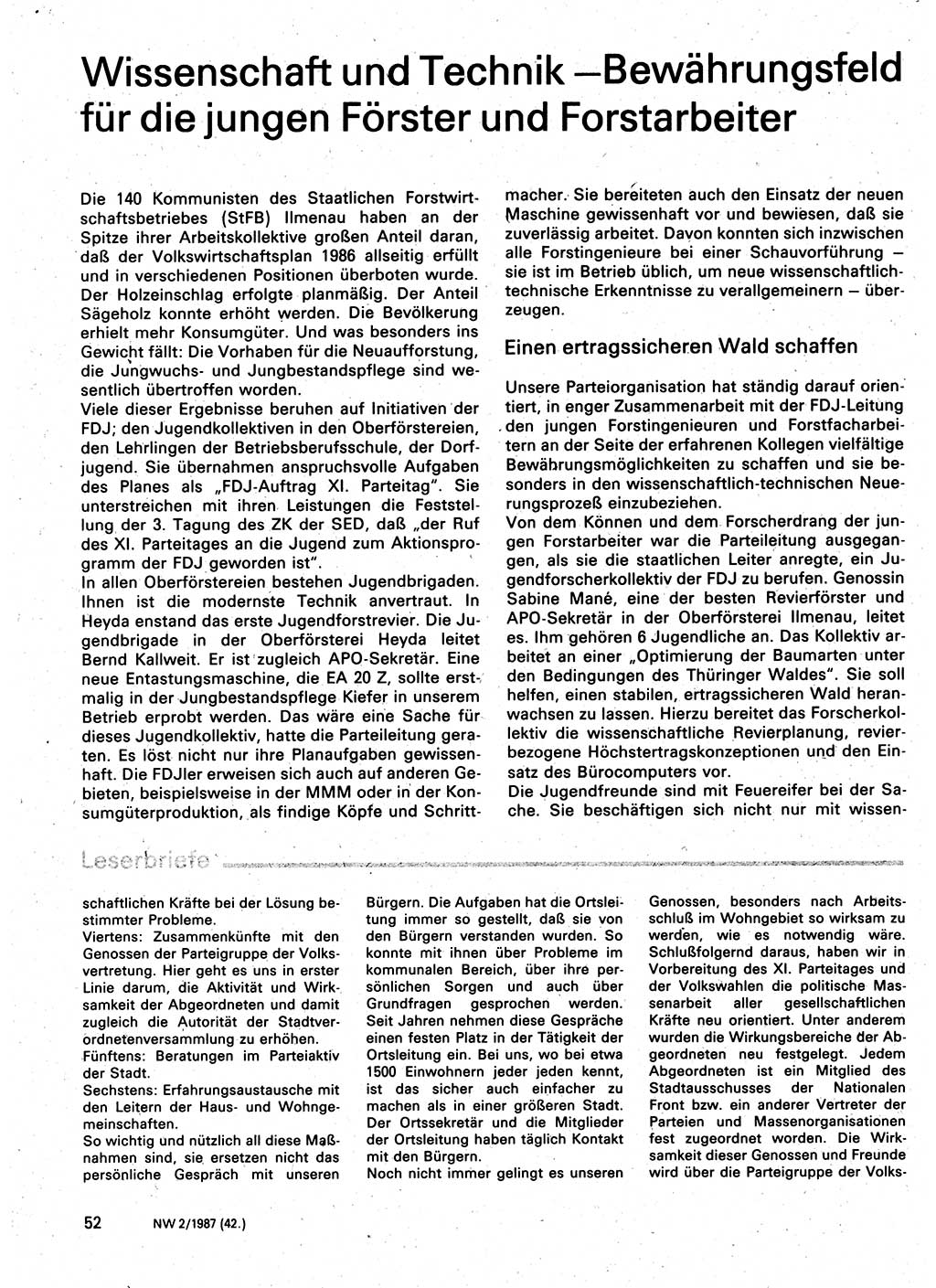 Neuer Weg (NW), Organ des Zentralkomitees (ZK) der SED (Sozialistische Einheitspartei Deutschlands) für Fragen des Parteilebens, 42. Jahrgang [Deutsche Demokratische Republik (DDR)] 1987, Seite 52 (NW ZK SED DDR 1987, S. 52)