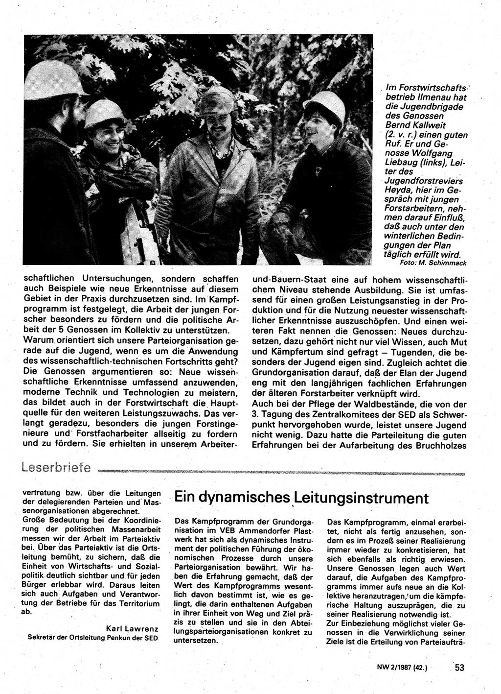 Neuer Weg (NW), Organ des Zentralkomitees (ZK) der SED (Sozialistische Einheitspartei Deutschlands) für Fragen des Parteilebens, 42. Jahrgang [Deutsche Demokratische Republik (DDR)] 1987, Seite 53 (NW ZK SED DDR 1987, S. 53)