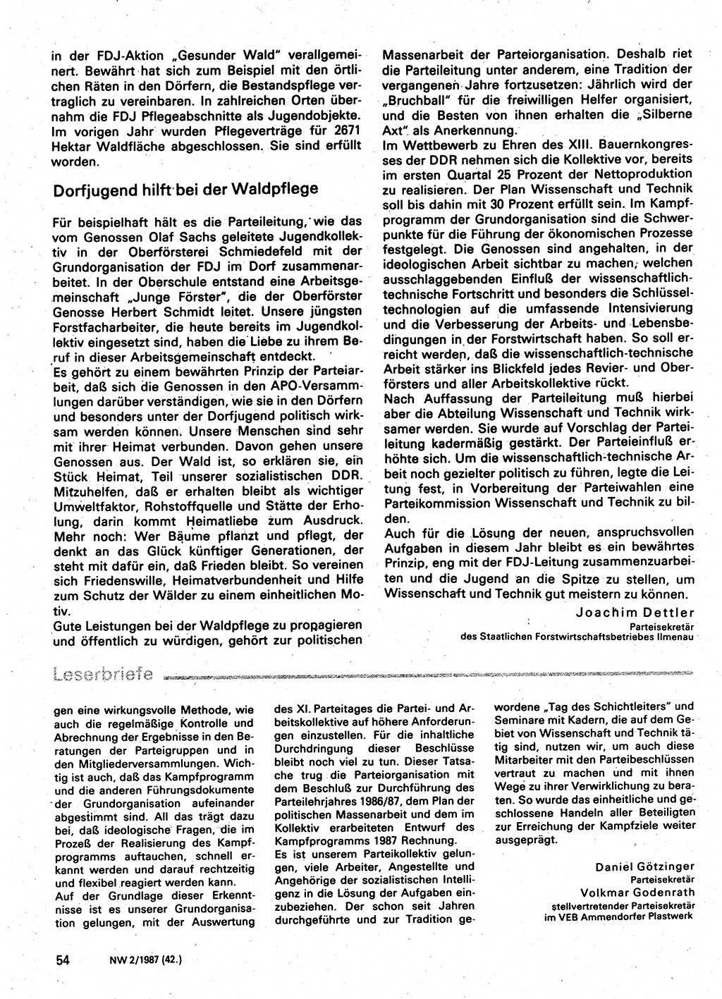 Neuer Weg (NW), Organ des Zentralkomitees (ZK) der SED (Sozialistische Einheitspartei Deutschlands) für Fragen des Parteilebens, 42. Jahrgang [Deutsche Demokratische Republik (DDR)] 1987, Seite 54 (NW ZK SED DDR 1987, S. 54)