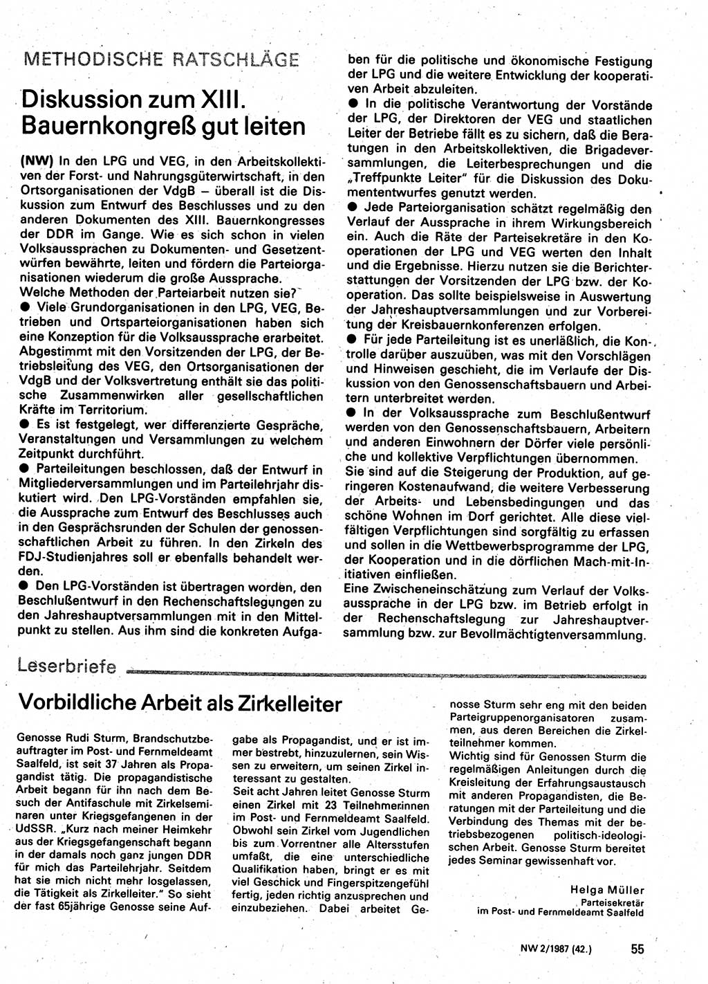 Neuer Weg (NW), Organ des Zentralkomitees (ZK) der SED (Sozialistische Einheitspartei Deutschlands) für Fragen des Parteilebens, 42. Jahrgang [Deutsche Demokratische Republik (DDR)] 1987, Seite 55 (NW ZK SED DDR 1987, S. 55)