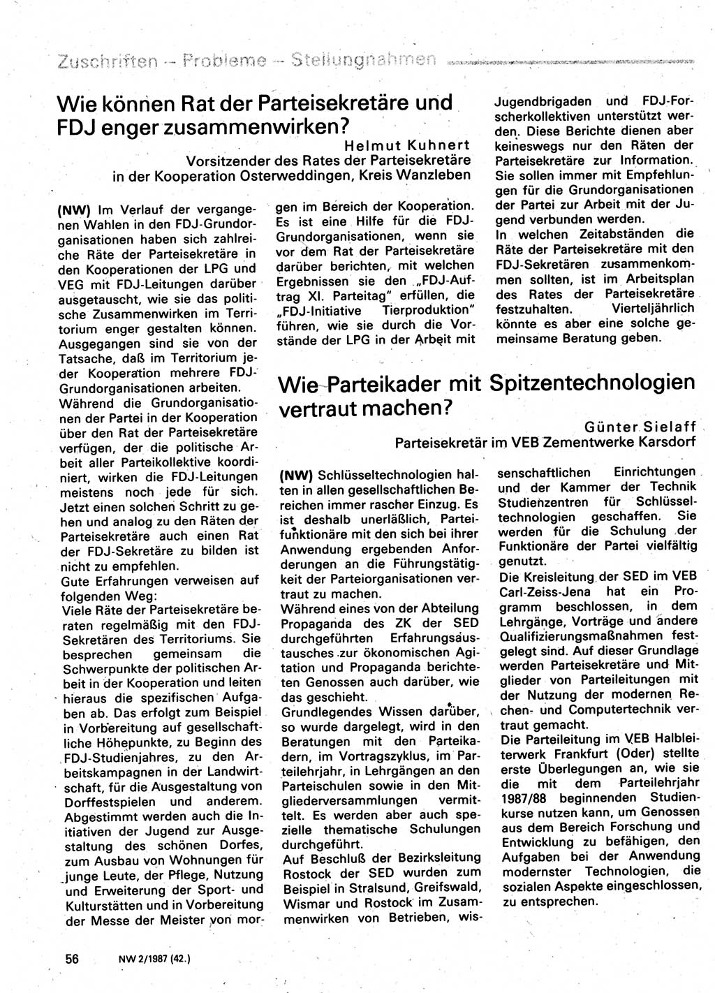 Neuer Weg (NW), Organ des Zentralkomitees (ZK) der SED (Sozialistische Einheitspartei Deutschlands) für Fragen des Parteilebens, 42. Jahrgang [Deutsche Demokratische Republik (DDR)] 1987, Seite 56 (NW ZK SED DDR 1987, S. 56)