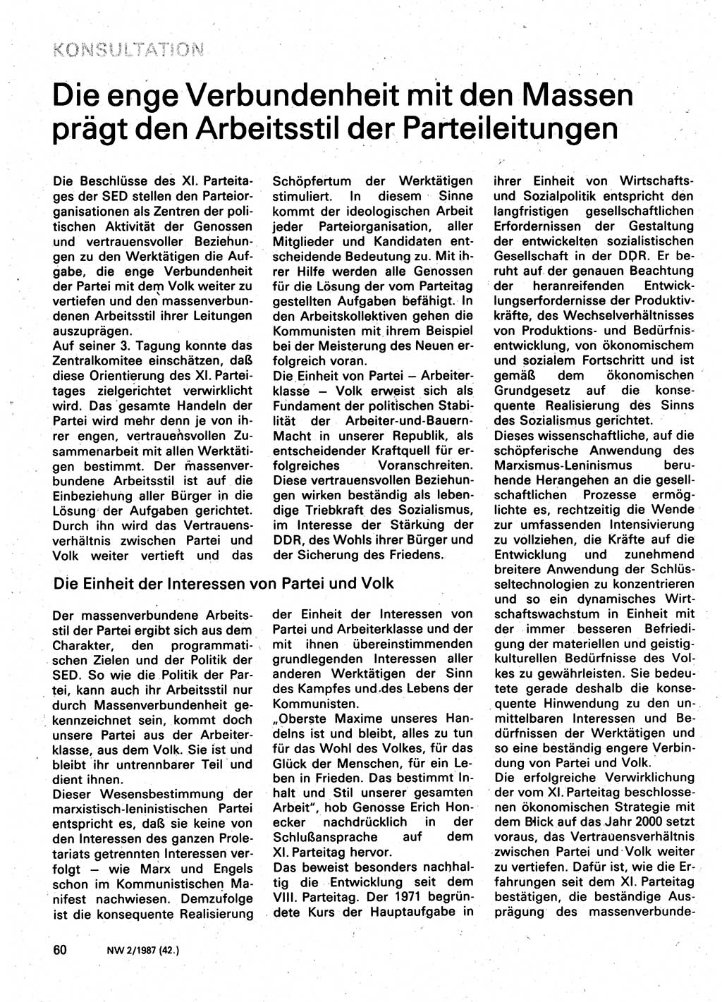 Neuer Weg (NW), Organ des Zentralkomitees (ZK) der SED (Sozialistische Einheitspartei Deutschlands) für Fragen des Parteilebens, 42. Jahrgang [Deutsche Demokratische Republik (DDR)] 1987, Seite 60 (NW ZK SED DDR 1987, S. 60)