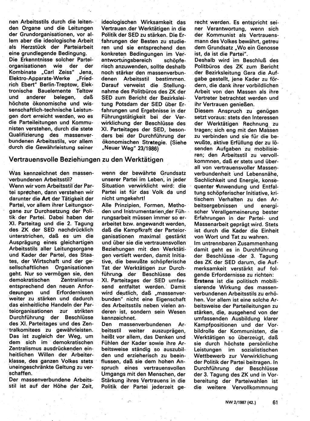 Neuer Weg (NW), Organ des Zentralkomitees (ZK) der SED (Sozialistische Einheitspartei Deutschlands) für Fragen des Parteilebens, 42. Jahrgang [Deutsche Demokratische Republik (DDR)] 1987, Seite 61 (NW ZK SED DDR 1987, S. 61)
