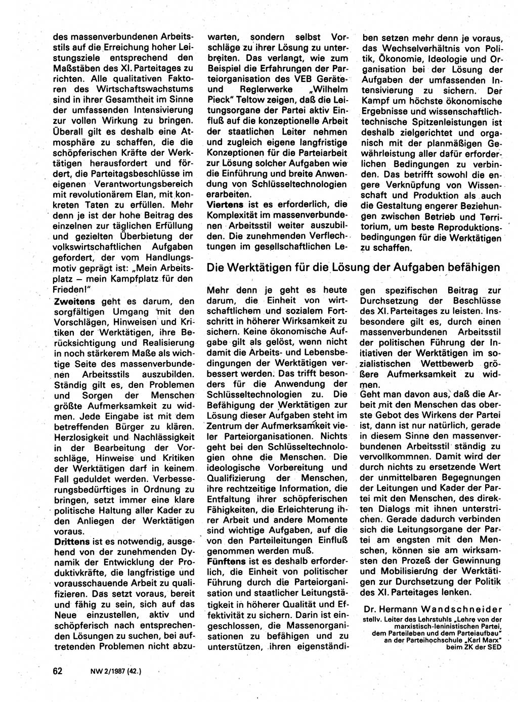 Neuer Weg (NW), Organ des Zentralkomitees (ZK) der SED (Sozialistische Einheitspartei Deutschlands) für Fragen des Parteilebens, 42. Jahrgang [Deutsche Demokratische Republik (DDR)] 1987, Seite 62 (NW ZK SED DDR 1987, S. 62)