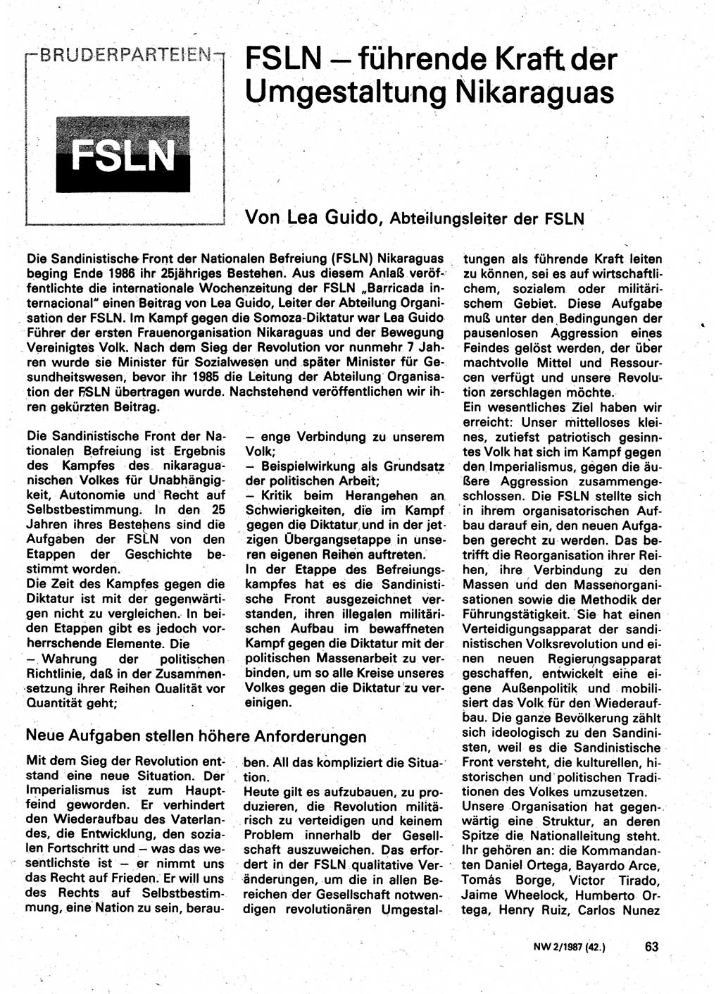 Neuer Weg (NW), Organ des Zentralkomitees (ZK) der SED (Sozialistische Einheitspartei Deutschlands) für Fragen des Parteilebens, 42. Jahrgang [Deutsche Demokratische Republik (DDR)] 1987, Seite 63 (NW ZK SED DDR 1987, S. 63)