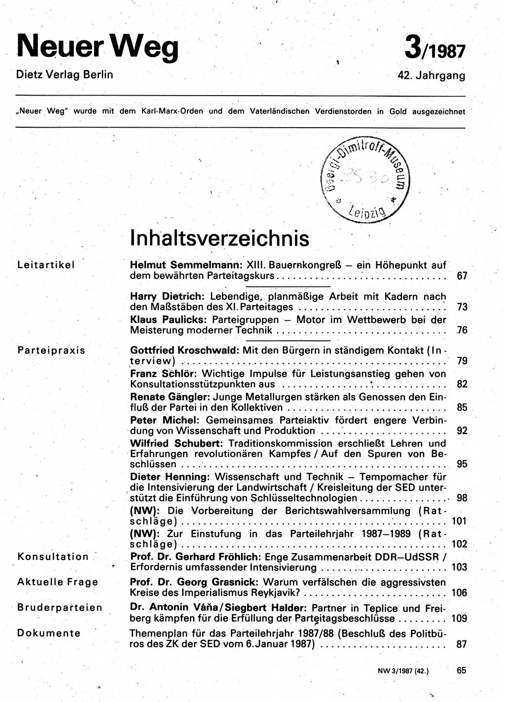 Neuer Weg (NW), Organ des Zentralkomitees (ZK) der SED (Sozialistische Einheitspartei Deutschlands) für Fragen des Parteilebens, 42. Jahrgang [Deutsche Demokratische Republik (DDR)] 1987, Seite 65 (NW ZK SED DDR 1987, S. 65)
