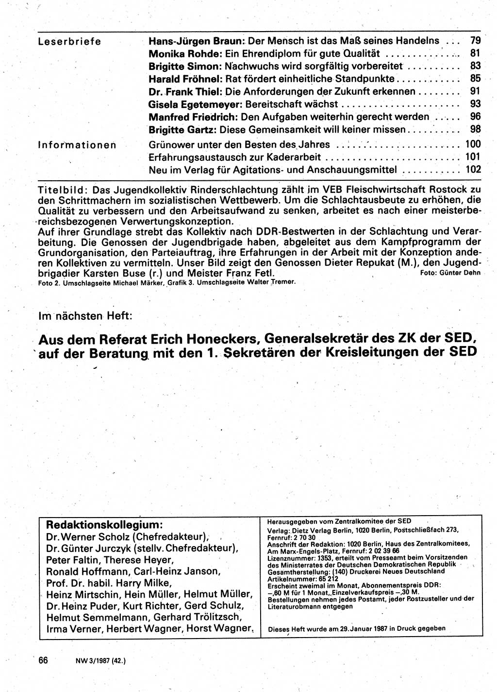 Neuer Weg (NW), Organ des Zentralkomitees (ZK) der SED (Sozialistische Einheitspartei Deutschlands) für Fragen des Parteilebens, 42. Jahrgang [Deutsche Demokratische Republik (DDR)] 1987, Seite 66 (NW ZK SED DDR 1987, S. 66)