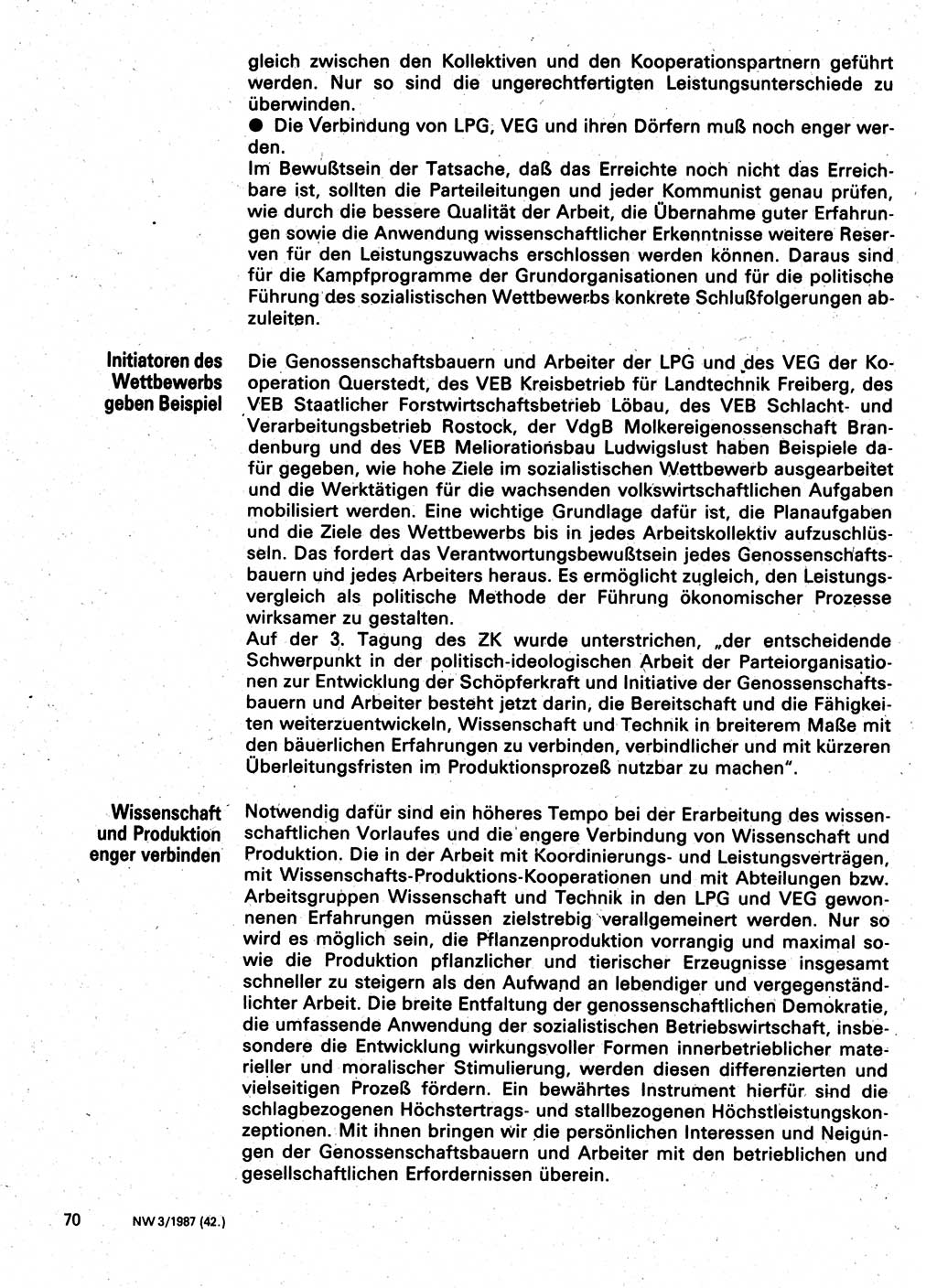 Neuer Weg (NW), Organ des Zentralkomitees (ZK) der SED (Sozialistische Einheitspartei Deutschlands) für Fragen des Parteilebens, 42. Jahrgang [Deutsche Demokratische Republik (DDR)] 1987, Seite 70 (NW ZK SED DDR 1987, S. 70)