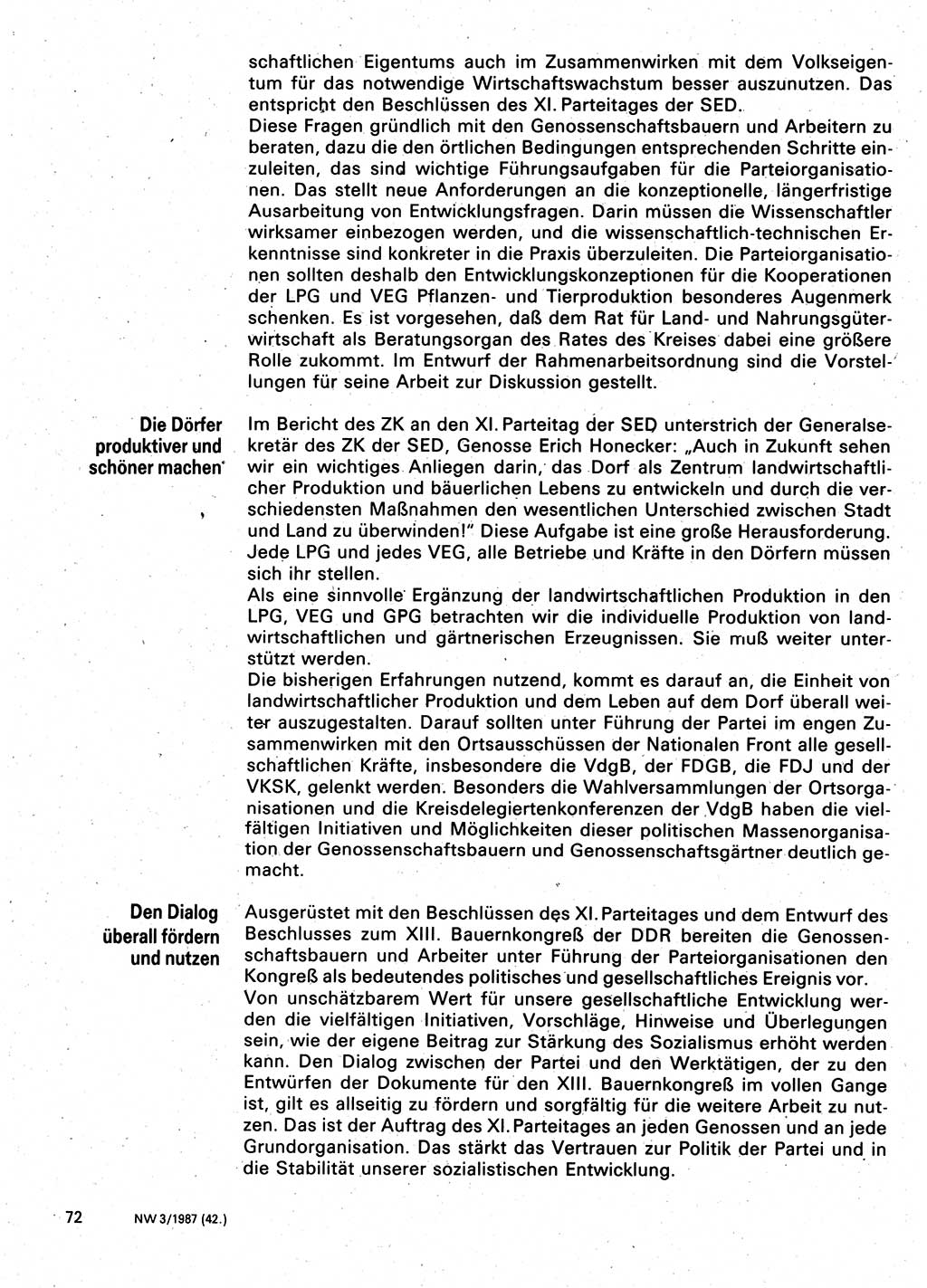 Neuer Weg (NW), Organ des Zentralkomitees (ZK) der SED (Sozialistische Einheitspartei Deutschlands) für Fragen des Parteilebens, 42. Jahrgang [Deutsche Demokratische Republik (DDR)] 1987, Seite 72 (NW ZK SED DDR 1987, S. 72)