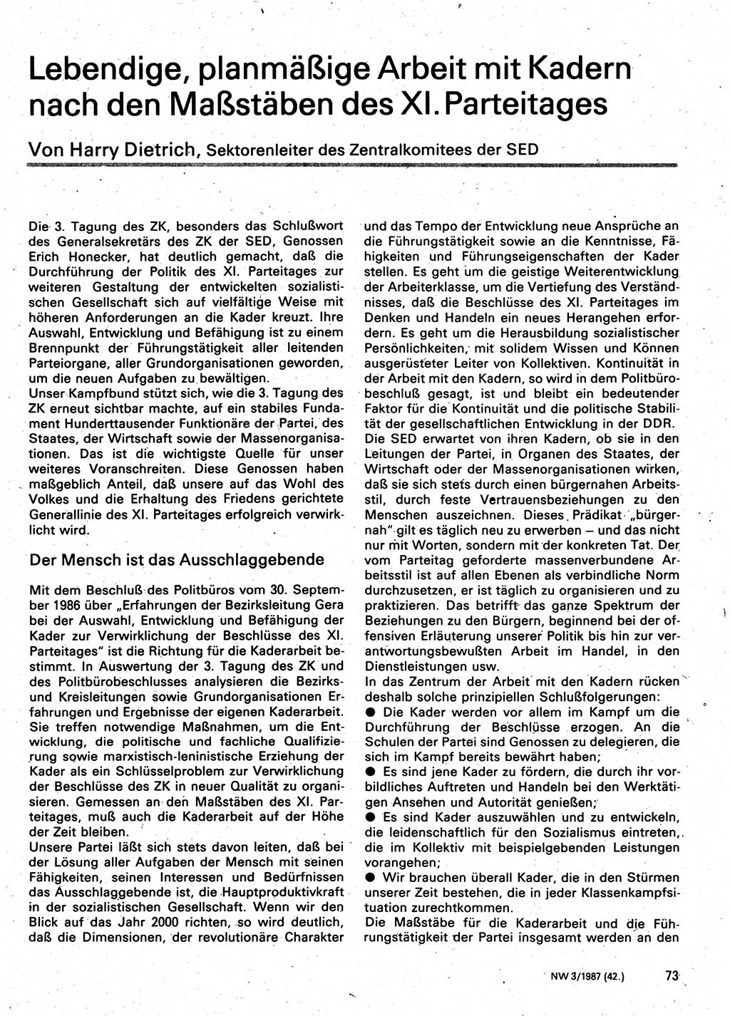 Neuer Weg (NW), Organ des Zentralkomitees (ZK) der SED (Sozialistische Einheitspartei Deutschlands) für Fragen des Parteilebens, 42. Jahrgang [Deutsche Demokratische Republik (DDR)] 1987, Seite 73 (NW ZK SED DDR 1987, S. 73)