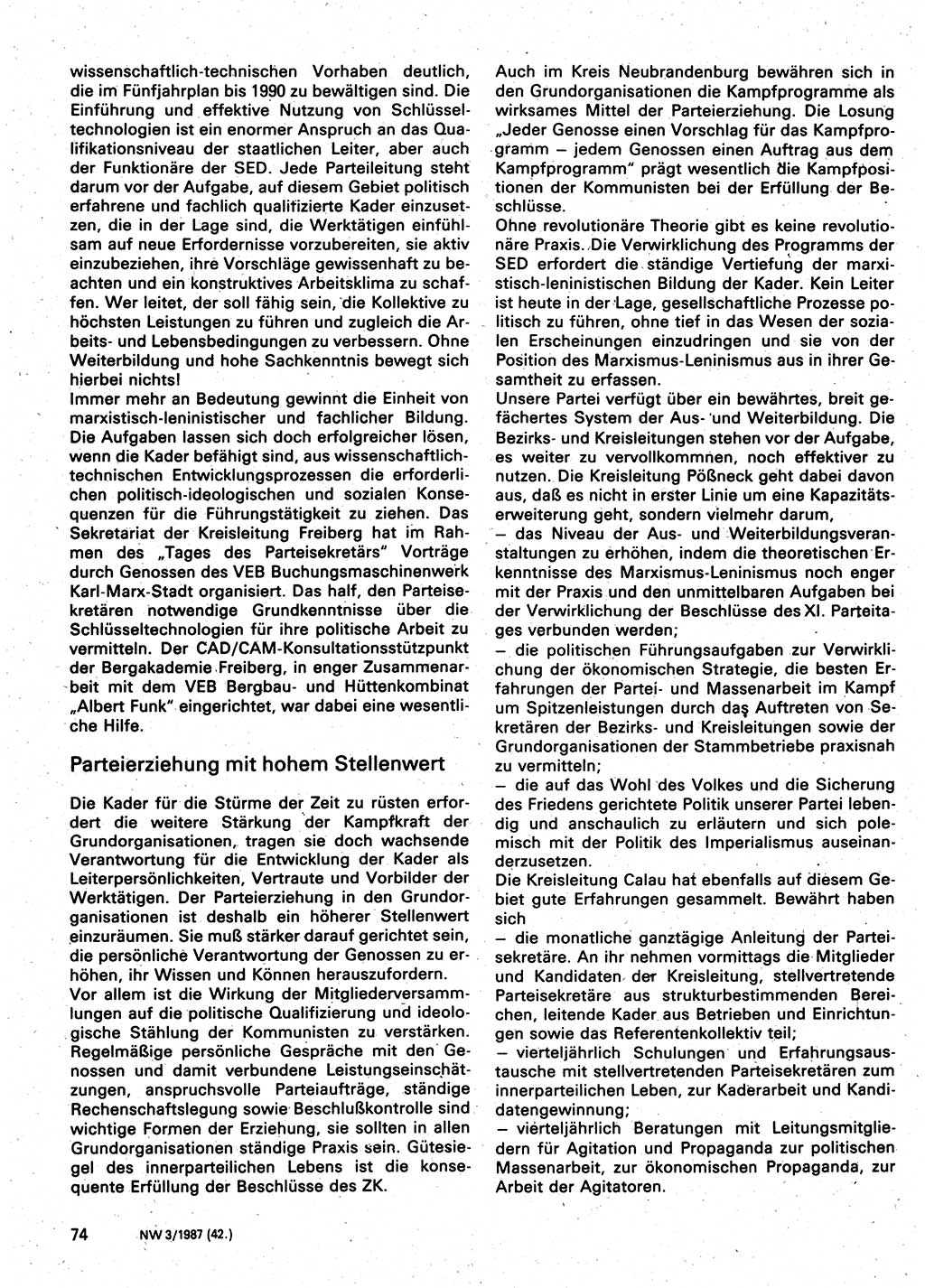 Neuer Weg (NW), Organ des Zentralkomitees (ZK) der SED (Sozialistische Einheitspartei Deutschlands) für Fragen des Parteilebens, 42. Jahrgang [Deutsche Demokratische Republik (DDR)] 1987, Seite 74 (NW ZK SED DDR 1987, S. 74)