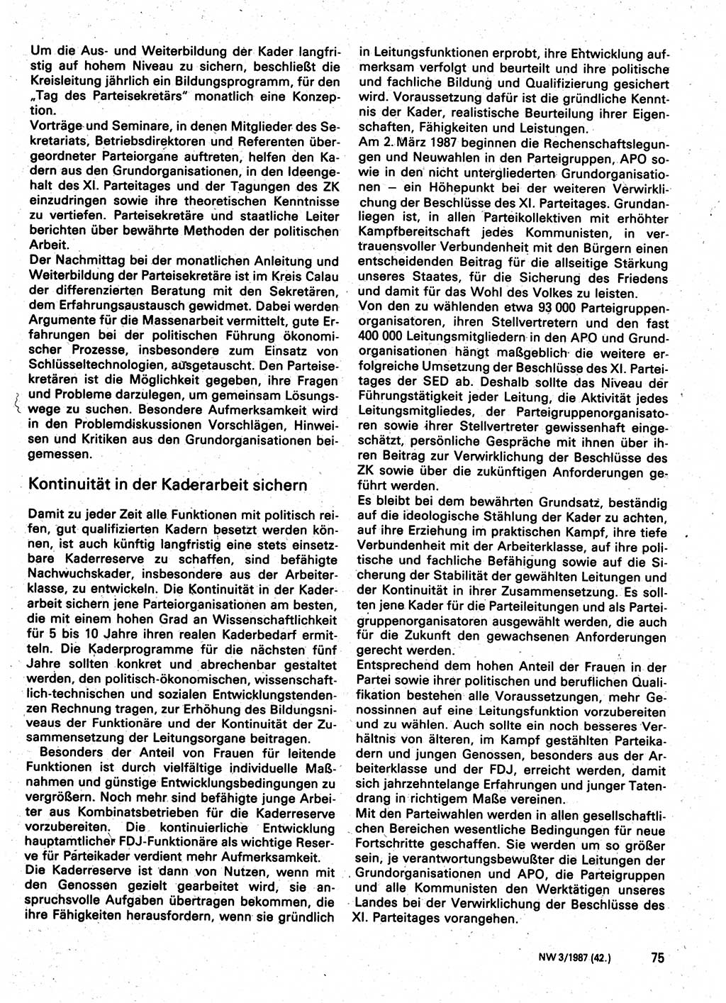 Neuer Weg (NW), Organ des Zentralkomitees (ZK) der SED (Sozialistische Einheitspartei Deutschlands) für Fragen des Parteilebens, 42. Jahrgang [Deutsche Demokratische Republik (DDR)] 1987, Seite 75 (NW ZK SED DDR 1987, S. 75)