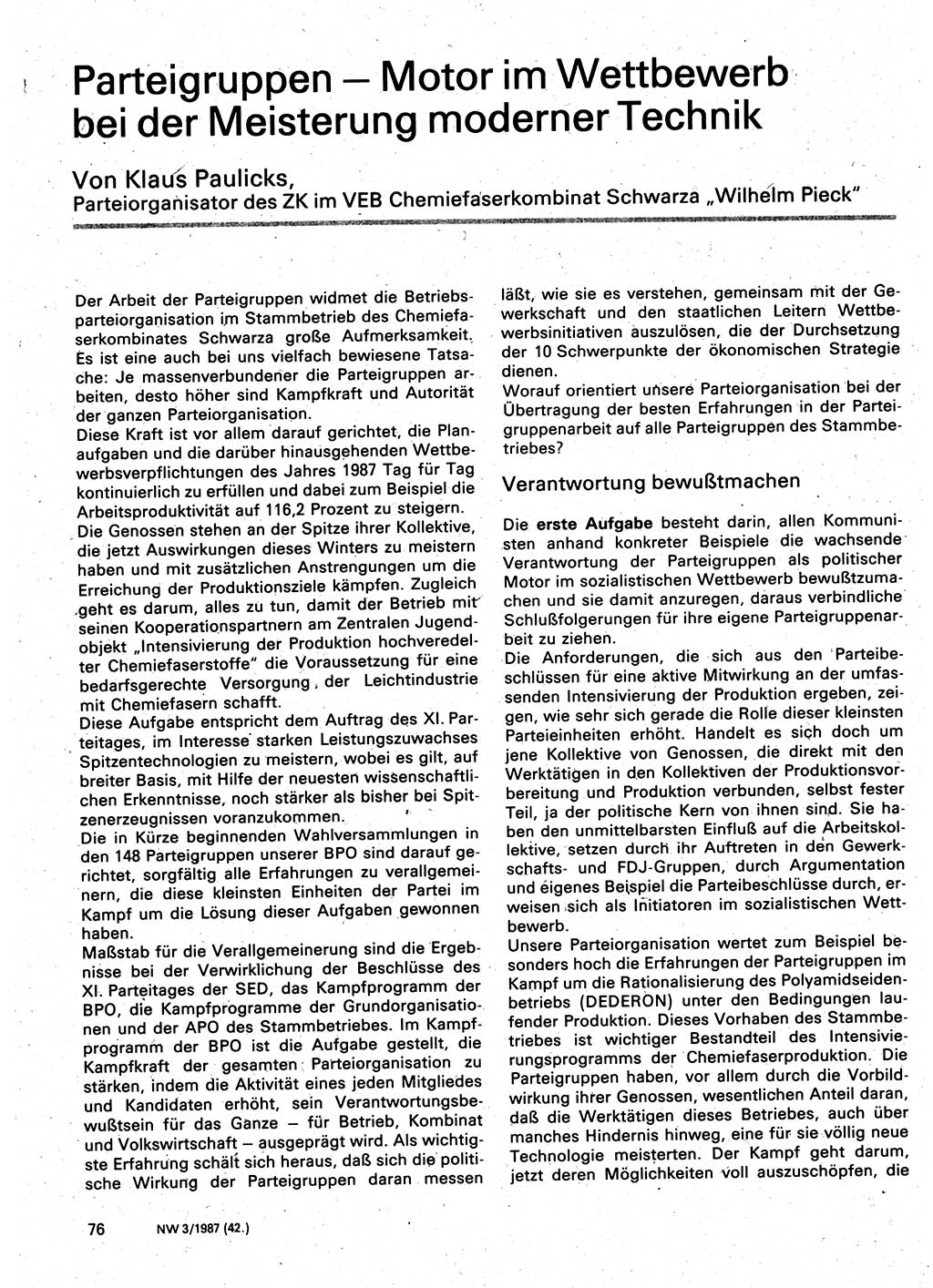 Neuer Weg (NW), Organ des Zentralkomitees (ZK) der SED (Sozialistische Einheitspartei Deutschlands) für Fragen des Parteilebens, 42. Jahrgang [Deutsche Demokratische Republik (DDR)] 1987, Seite 76 (NW ZK SED DDR 1987, S. 76)