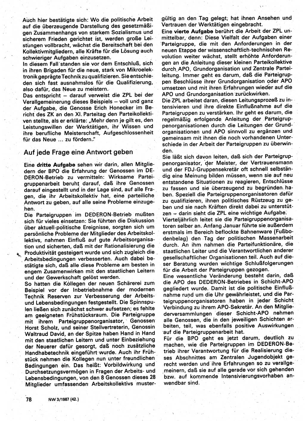 Neuer Weg (NW), Organ des Zentralkomitees (ZK) der SED (Sozialistische Einheitspartei Deutschlands) für Fragen des Parteilebens, 42. Jahrgang [Deutsche Demokratische Republik (DDR)] 1987, Seite 78 (NW ZK SED DDR 1987, S. 78)