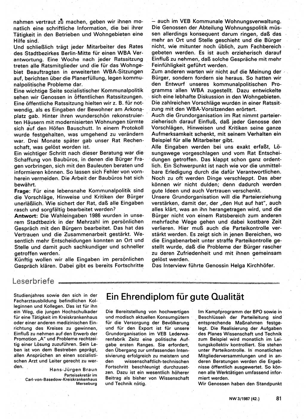 Neuer Weg (NW), Organ des Zentralkomitees (ZK) der SED (Sozialistische Einheitspartei Deutschlands) für Fragen des Parteilebens, 42. Jahrgang [Deutsche Demokratische Republik (DDR)] 1987, Seite 81 (NW ZK SED DDR 1987, S. 81)