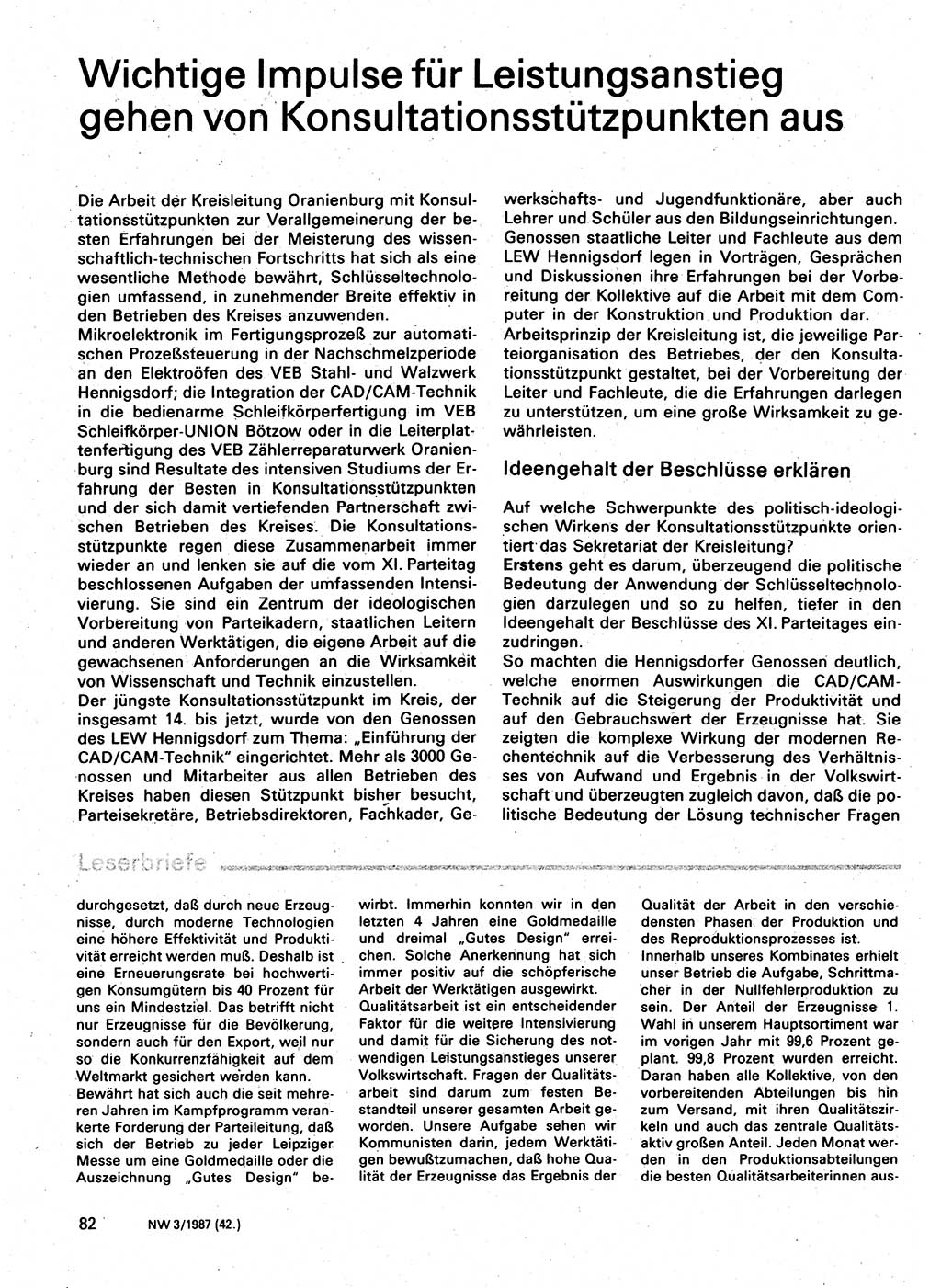 Neuer Weg (NW), Organ des Zentralkomitees (ZK) der SED (Sozialistische Einheitspartei Deutschlands) für Fragen des Parteilebens, 42. Jahrgang [Deutsche Demokratische Republik (DDR)] 1987, Seite 82 (NW ZK SED DDR 1987, S. 82)