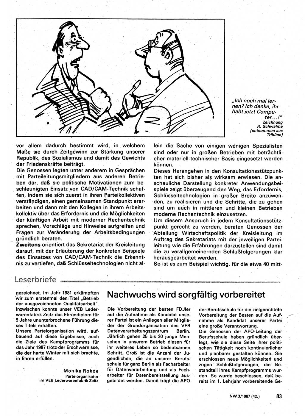 Neuer Weg (NW), Organ des Zentralkomitees (ZK) der SED (Sozialistische Einheitspartei Deutschlands) für Fragen des Parteilebens, 42. Jahrgang [Deutsche Demokratische Republik (DDR)] 1987, Seite 83 (NW ZK SED DDR 1987, S. 83)