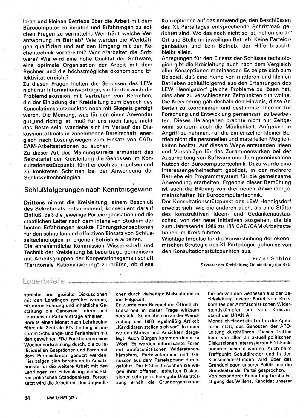 Neuer Weg (NW), Organ des Zentralkomitees (ZK) der SED (Sozialistische Einheitspartei Deutschlands) für Fragen des Parteilebens, 42. Jahrgang [Deutsche Demokratische Republik (DDR)] 1987, Seite 84 (NW ZK SED DDR 1987, S. 84)