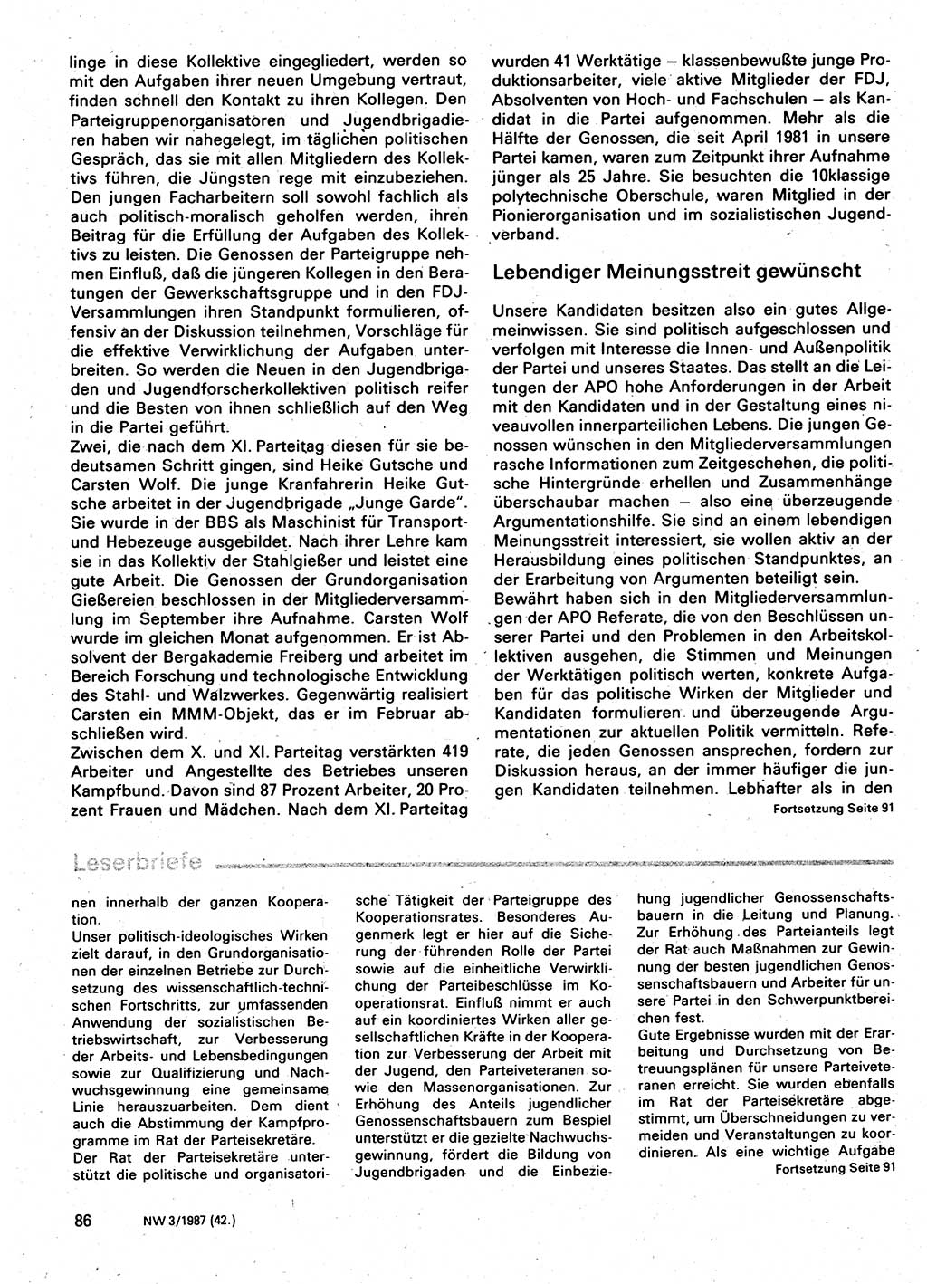 Neuer Weg (NW), Organ des Zentralkomitees (ZK) der SED (Sozialistische Einheitspartei Deutschlands) für Fragen des Parteilebens, 42. Jahrgang [Deutsche Demokratische Republik (DDR)] 1987, Seite 86 (NW ZK SED DDR 1987, S. 86)