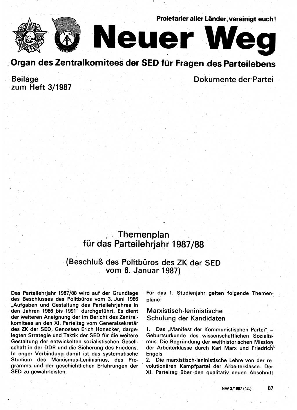 Neuer Weg (NW), Organ des Zentralkomitees (ZK) der SED (Sozialistische Einheitspartei Deutschlands) für Fragen des Parteilebens, 42. Jahrgang [Deutsche Demokratische Republik (DDR)] 1987, Seite 87 (NW ZK SED DDR 1987, S. 87)