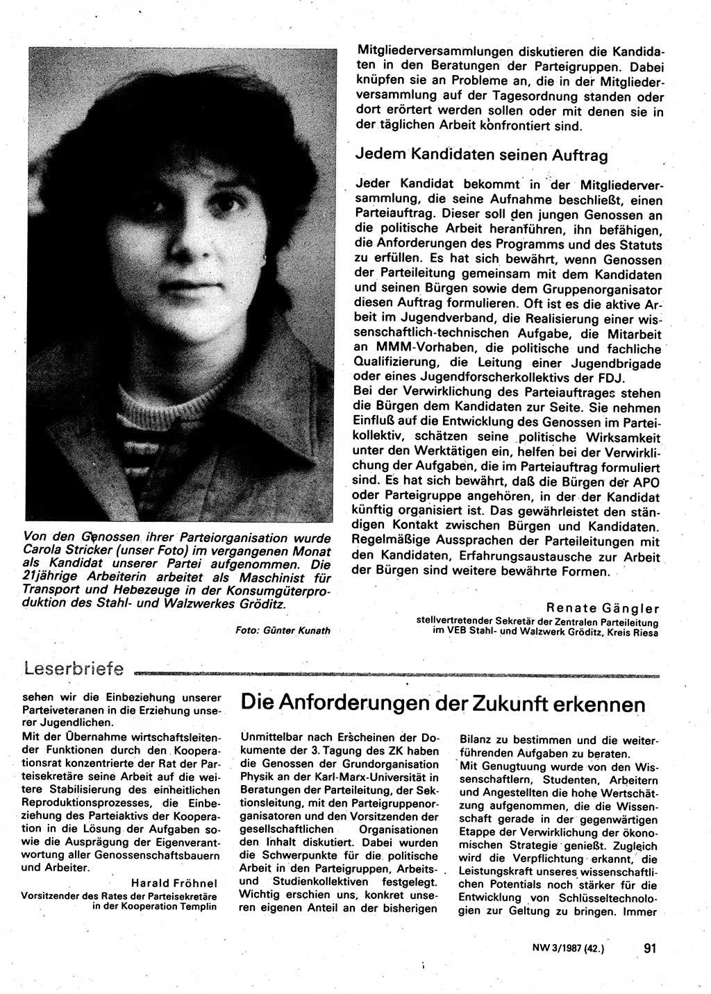 Neuer Weg (NW), Organ des Zentralkomitees (ZK) der SED (Sozialistische Einheitspartei Deutschlands) für Fragen des Parteilebens, 42. Jahrgang [Deutsche Demokratische Republik (DDR)] 1987, Seite 91 (NW ZK SED DDR 1987, S. 91)