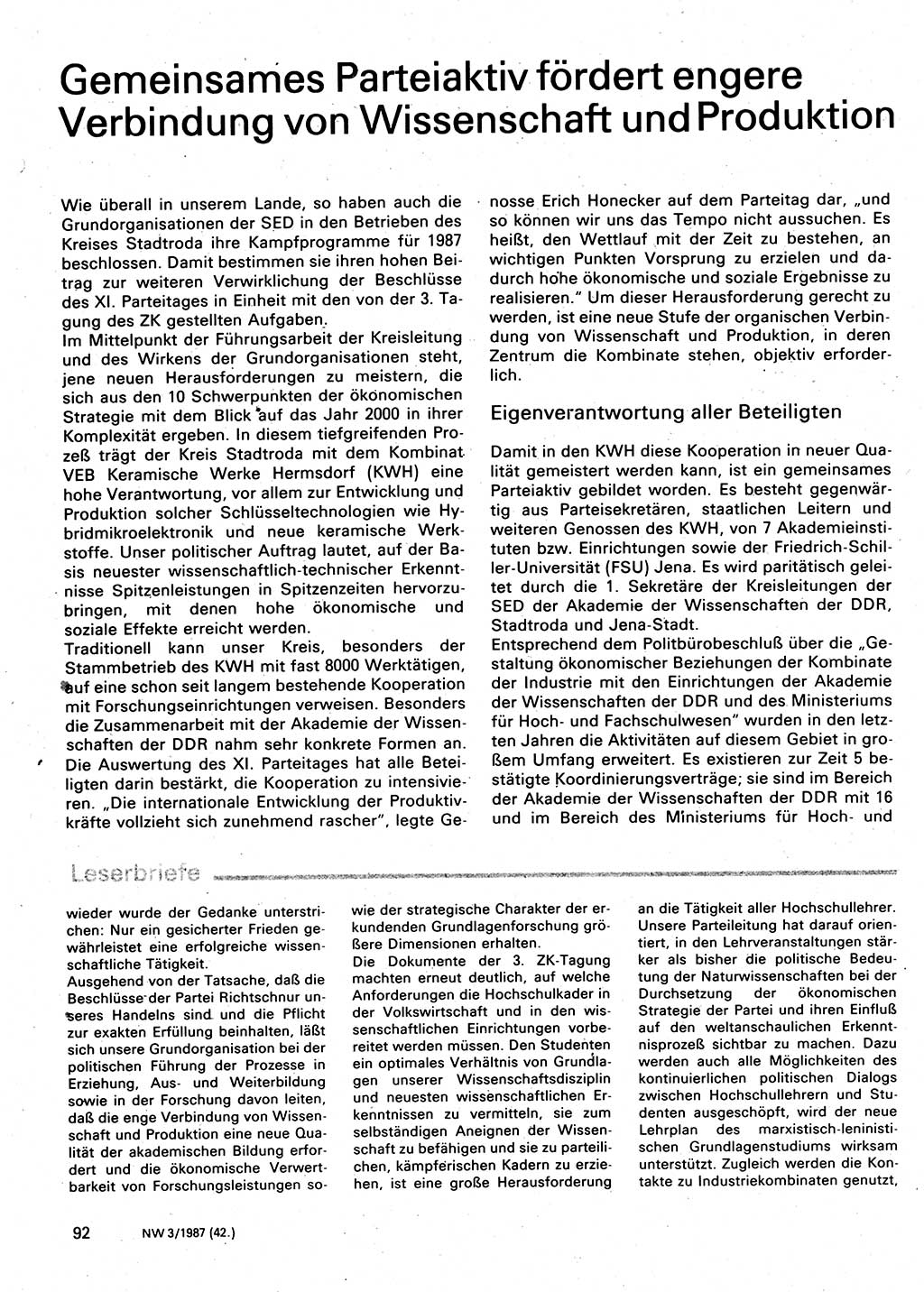 Neuer Weg (NW), Organ des Zentralkomitees (ZK) der SED (Sozialistische Einheitspartei Deutschlands) für Fragen des Parteilebens, 42. Jahrgang [Deutsche Demokratische Republik (DDR)] 1987, Seite 92 (NW ZK SED DDR 1987, S. 92)