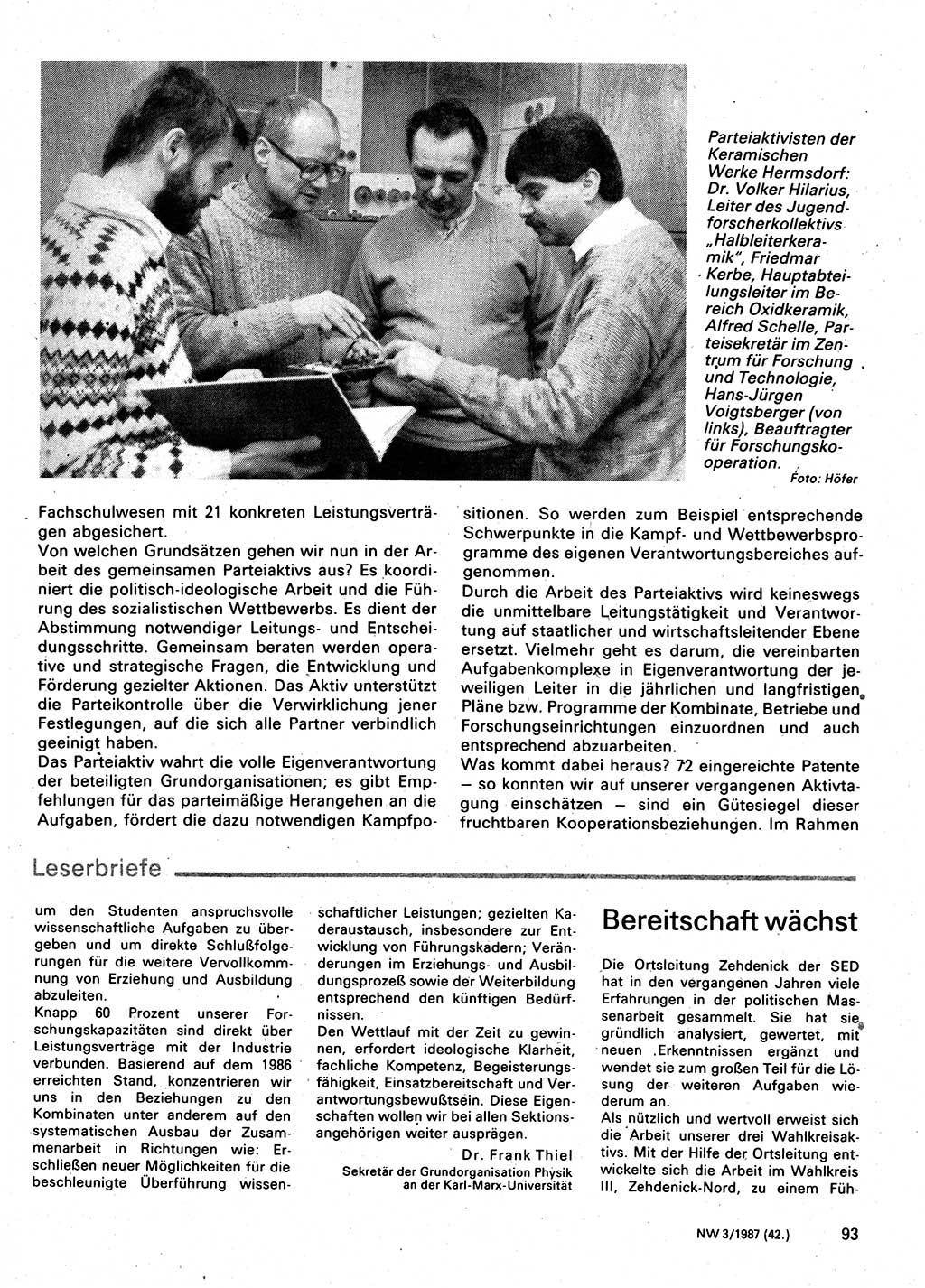 Neuer Weg (NW), Organ des Zentralkomitees (ZK) der SED (Sozialistische Einheitspartei Deutschlands) für Fragen des Parteilebens, 42. Jahrgang [Deutsche Demokratische Republik (DDR)] 1987, Seite 93 (NW ZK SED DDR 1987, S. 93)