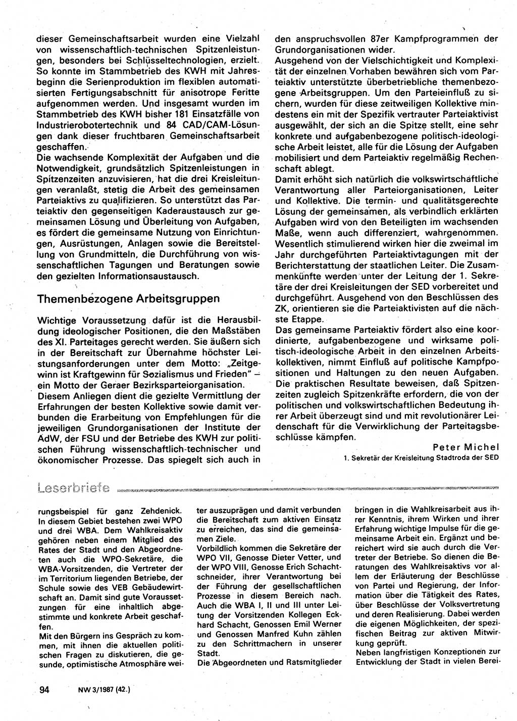 Neuer Weg (NW), Organ des Zentralkomitees (ZK) der SED (Sozialistische Einheitspartei Deutschlands) für Fragen des Parteilebens, 42. Jahrgang [Deutsche Demokratische Republik (DDR)] 1987, Seite 94 (NW ZK SED DDR 1987, S. 94)