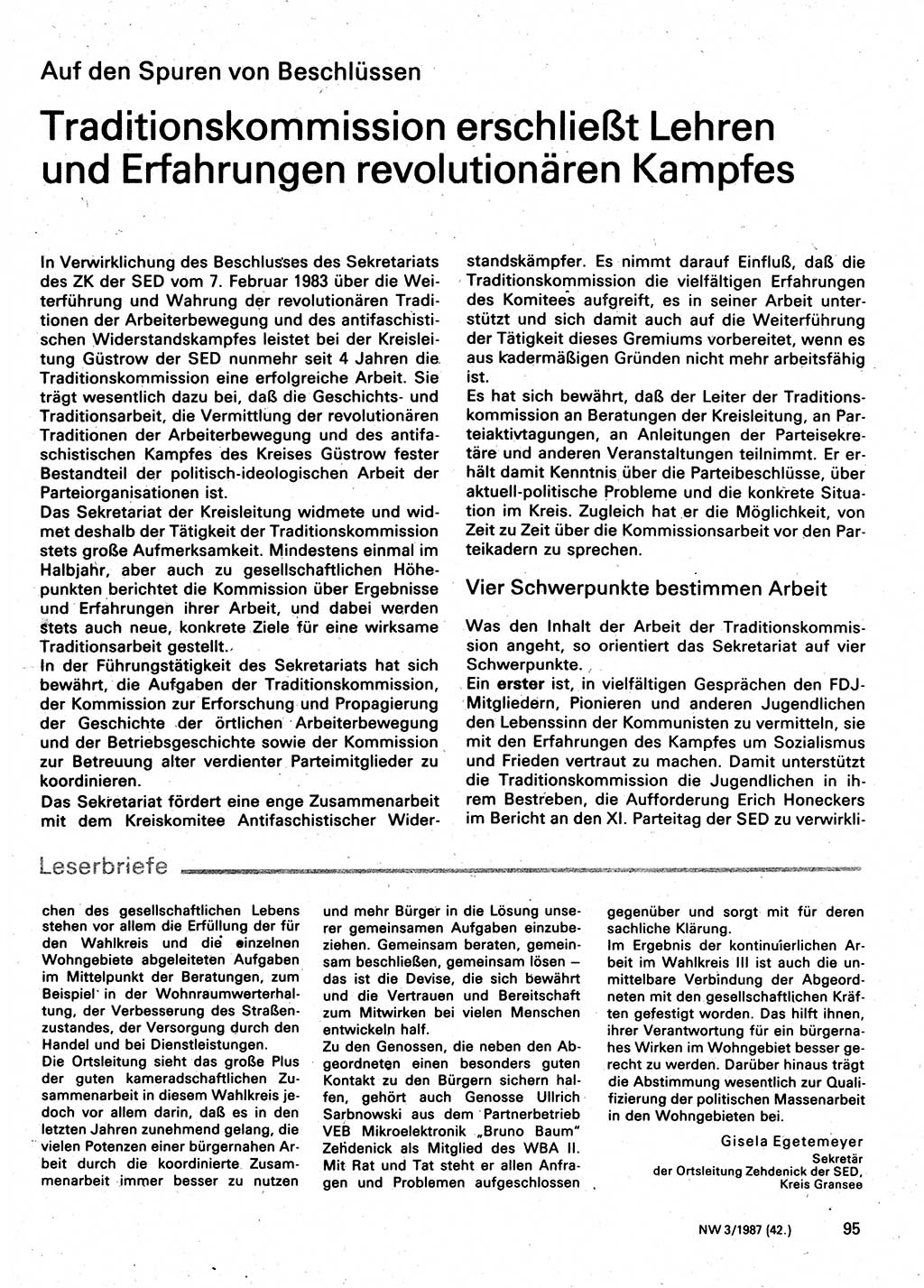 Neuer Weg (NW), Organ des Zentralkomitees (ZK) der SED (Sozialistische Einheitspartei Deutschlands) für Fragen des Parteilebens, 42. Jahrgang [Deutsche Demokratische Republik (DDR)] 1987, Seite 95 (NW ZK SED DDR 1987, S. 95)