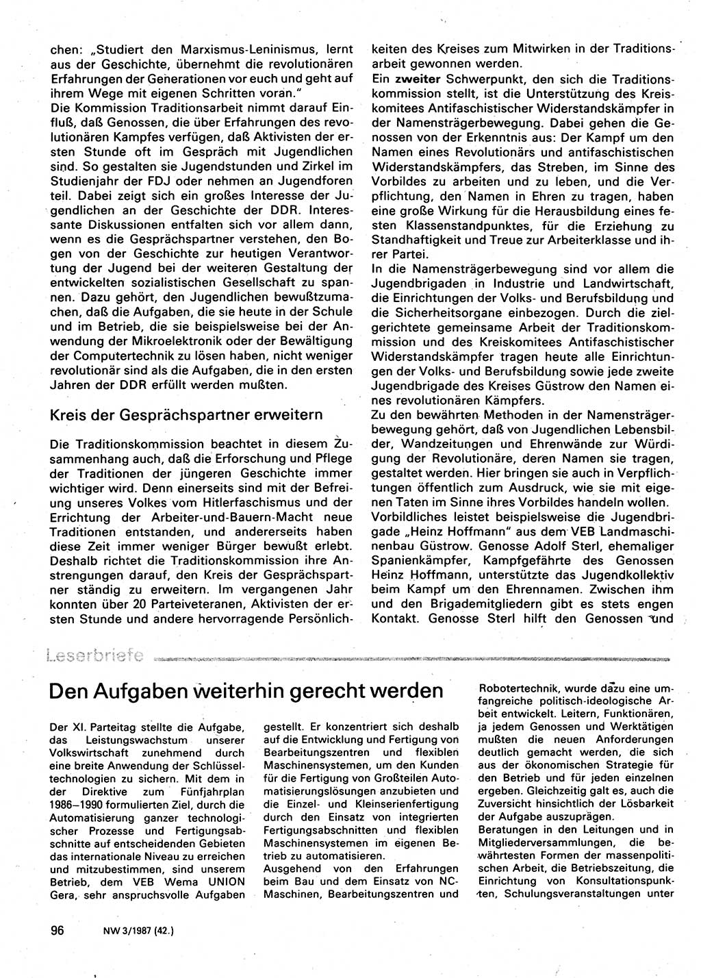 Neuer Weg (NW), Organ des Zentralkomitees (ZK) der SED (Sozialistische Einheitspartei Deutschlands) für Fragen des Parteilebens, 42. Jahrgang [Deutsche Demokratische Republik (DDR)] 1987, Seite 96 (NW ZK SED DDR 1987, S. 96)