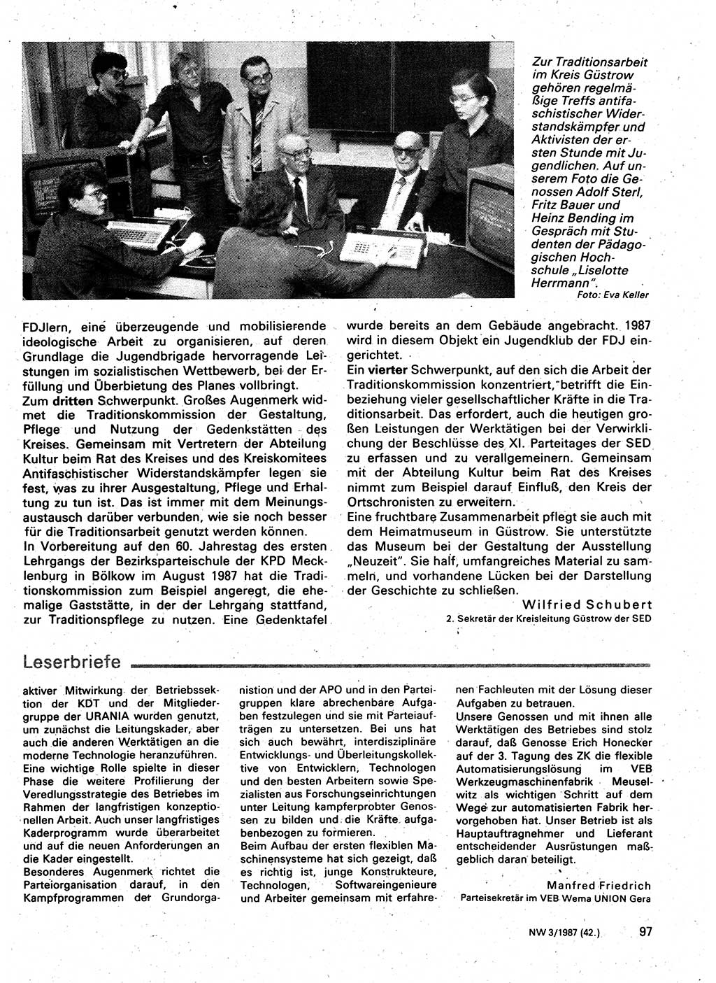 Neuer Weg (NW), Organ des Zentralkomitees (ZK) der SED (Sozialistische Einheitspartei Deutschlands) für Fragen des Parteilebens, 42. Jahrgang [Deutsche Demokratische Republik (DDR)] 1987, Seite 97 (NW ZK SED DDR 1987, S. 97)
