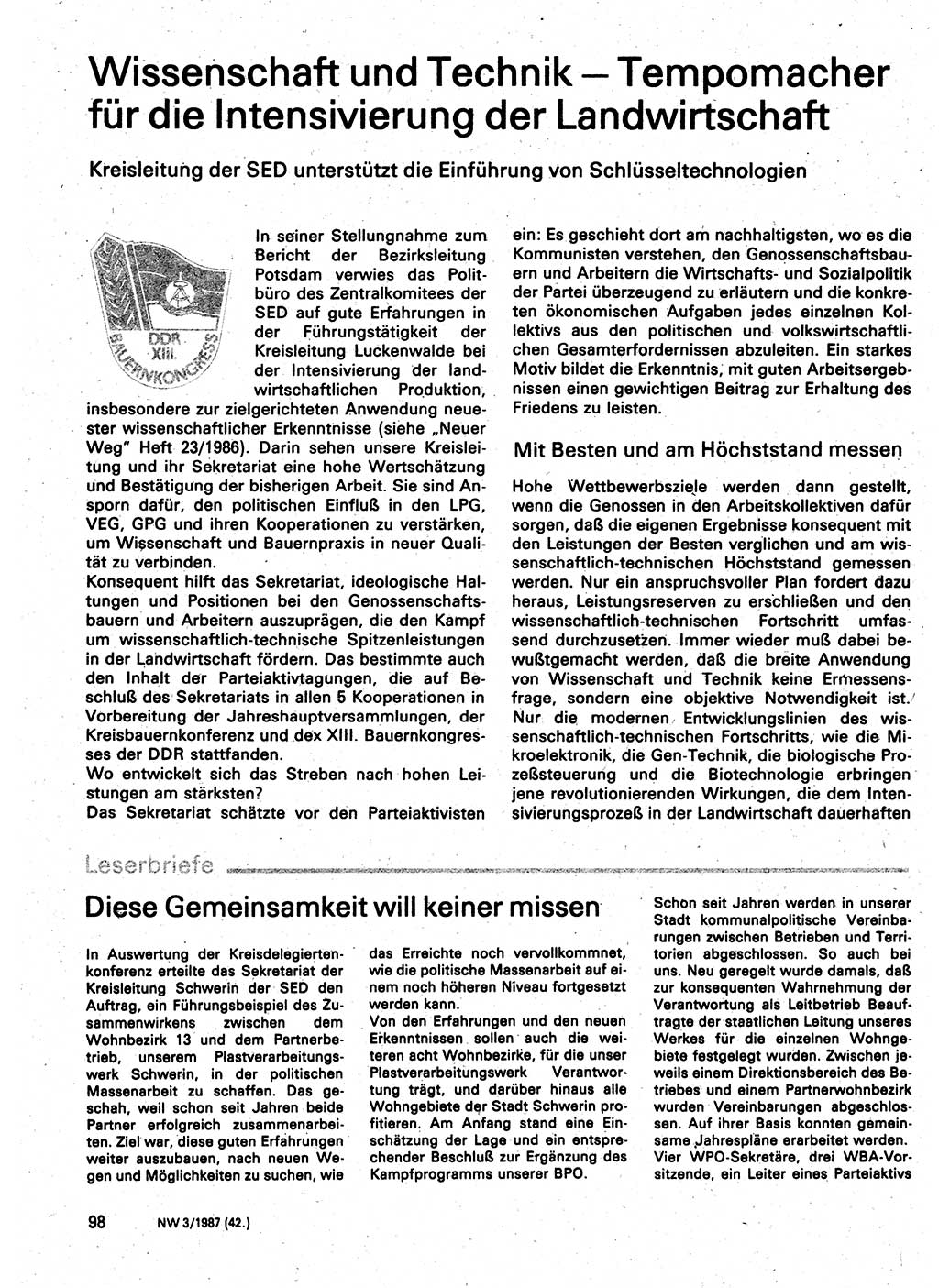 Neuer Weg (NW), Organ des Zentralkomitees (ZK) der SED (Sozialistische Einheitspartei Deutschlands) für Fragen des Parteilebens, 42. Jahrgang [Deutsche Demokratische Republik (DDR)] 1987, Seite 98 (NW ZK SED DDR 1987, S. 98)