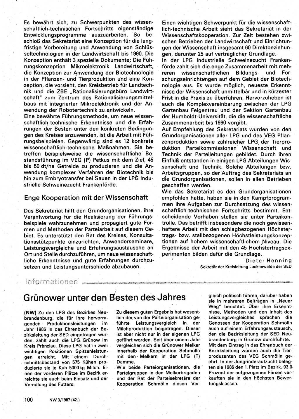 Neuer Weg (NW), Organ des Zentralkomitees (ZK) der SED (Sozialistische Einheitspartei Deutschlands) für Fragen des Parteilebens, 42. Jahrgang [Deutsche Demokratische Republik (DDR)] 1987, Seite 100 (NW ZK SED DDR 1987, S. 100)
