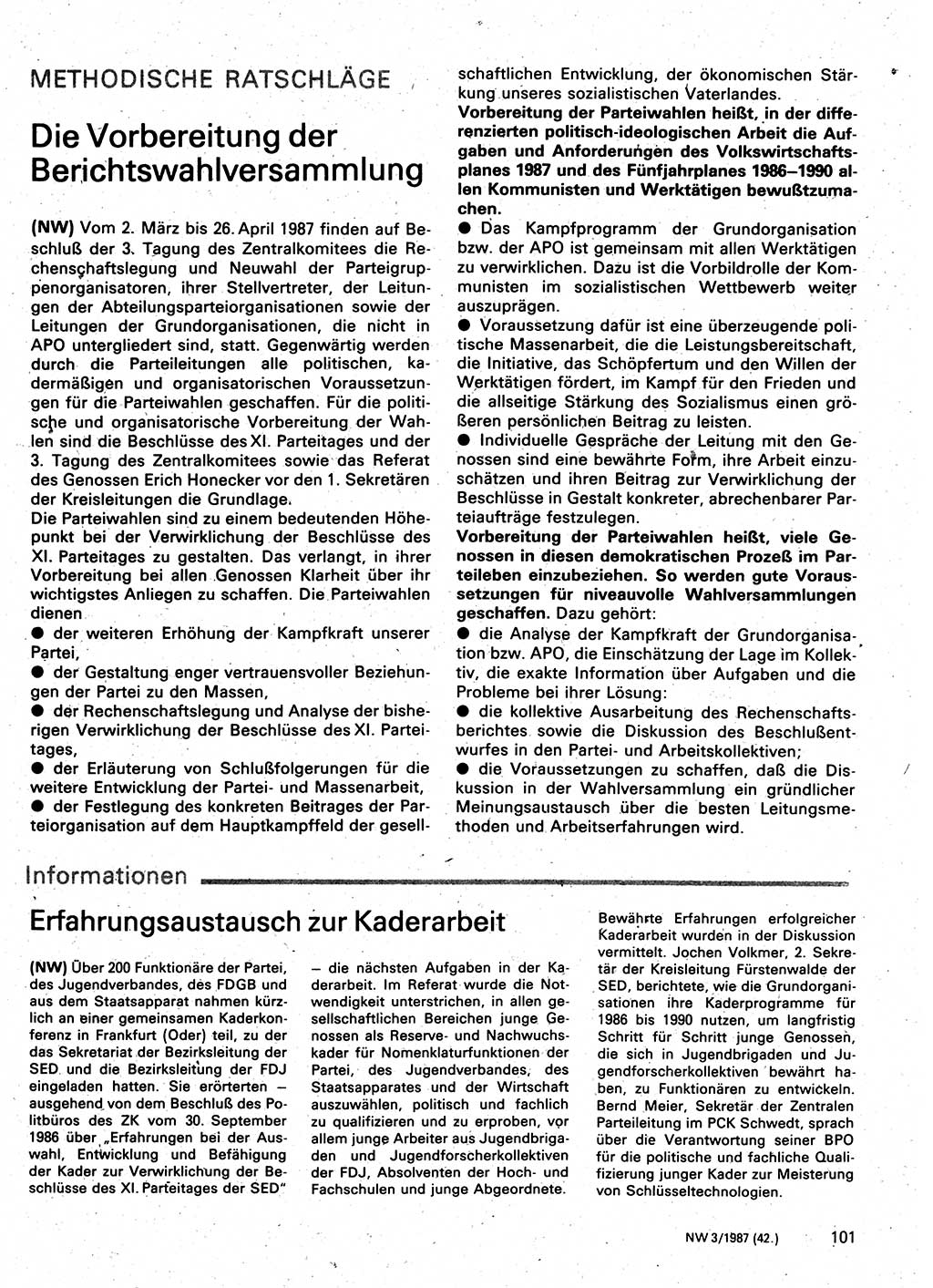 Neuer Weg (NW), Organ des Zentralkomitees (ZK) der SED (Sozialistische Einheitspartei Deutschlands) für Fragen des Parteilebens, 42. Jahrgang [Deutsche Demokratische Republik (DDR)] 1987, Seite 101 (NW ZK SED DDR 1987, S. 101)