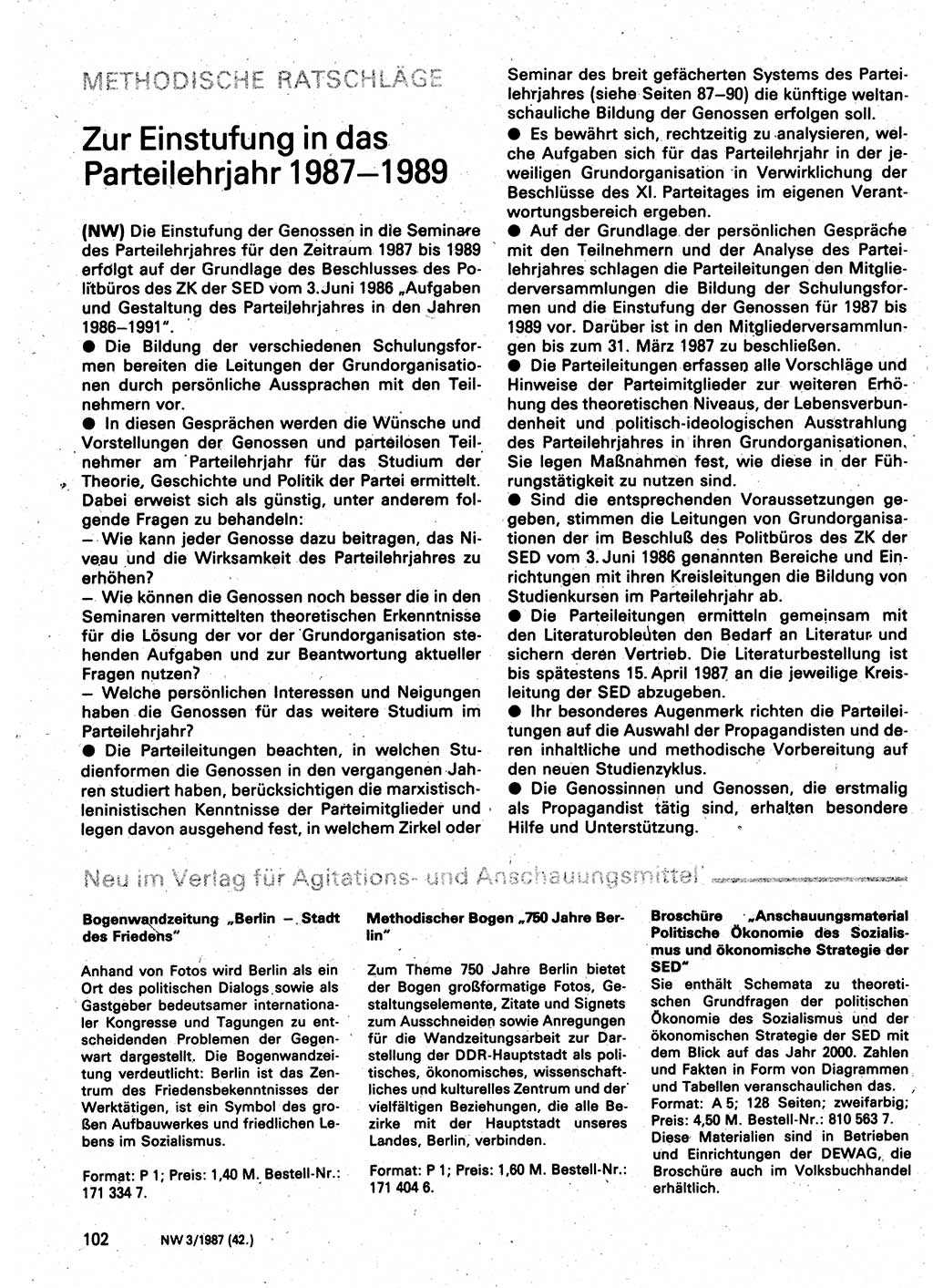 Neuer Weg (NW), Organ des Zentralkomitees (ZK) der SED (Sozialistische Einheitspartei Deutschlands) für Fragen des Parteilebens, 42. Jahrgang [Deutsche Demokratische Republik (DDR)] 1987, Seite 102 (NW ZK SED DDR 1987, S. 102)