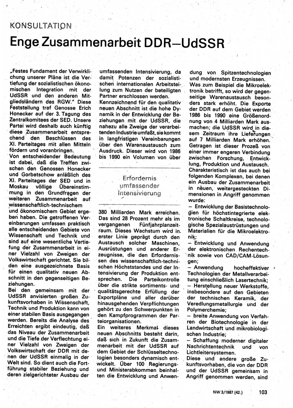 Neuer Weg (NW), Organ des Zentralkomitees (ZK) der SED (Sozialistische Einheitspartei Deutschlands) für Fragen des Parteilebens, 42. Jahrgang [Deutsche Demokratische Republik (DDR)] 1987, Seite 103 (NW ZK SED DDR 1987, S. 103)